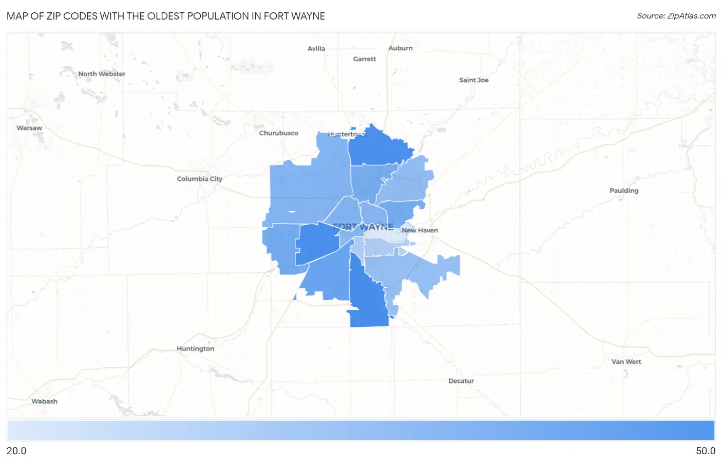 Zip Codes with the Oldest Population in Fort Wayne Map