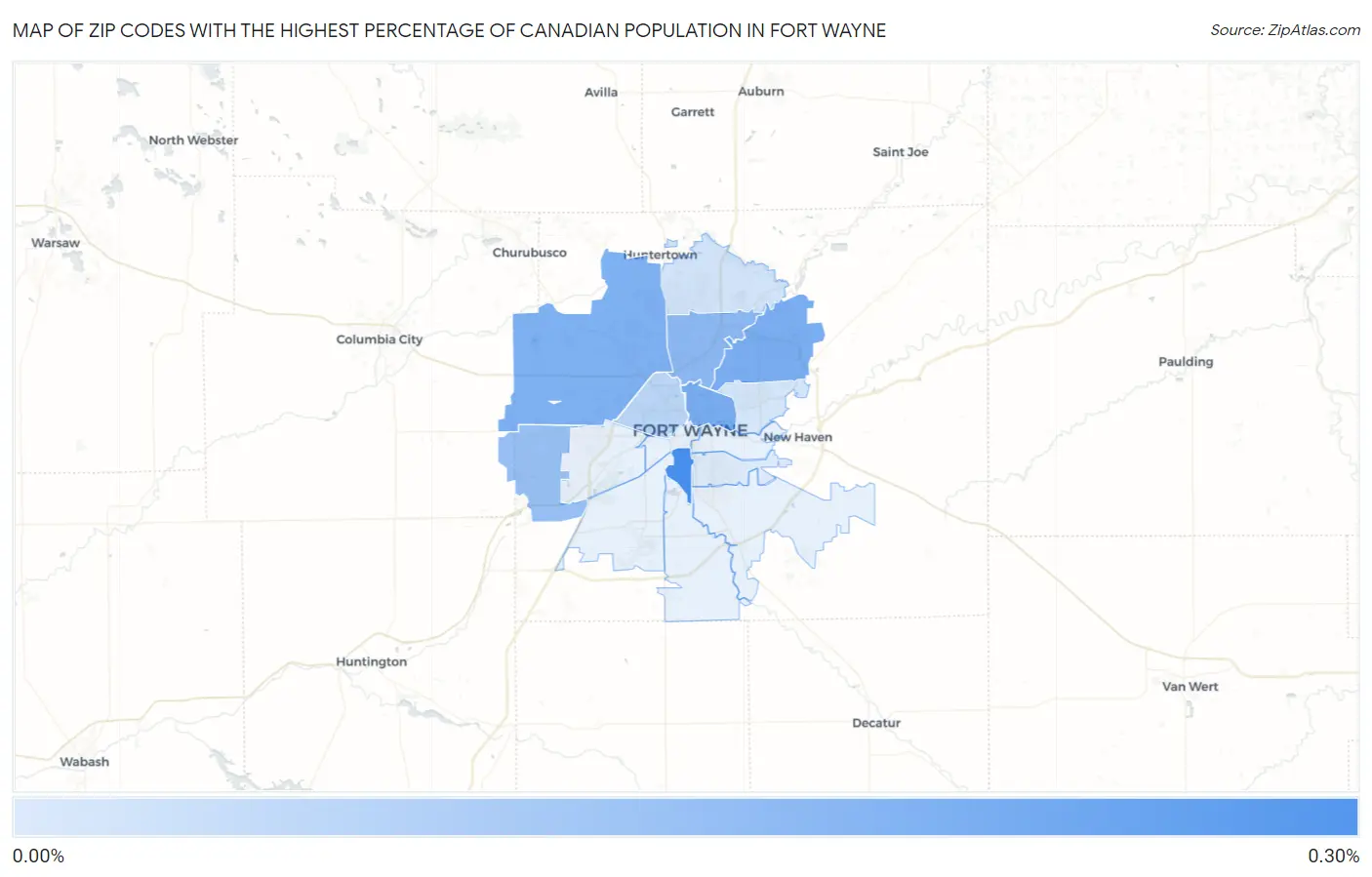 Zip Codes with the Highest Percentage of Canadian Population in Fort Wayne Map