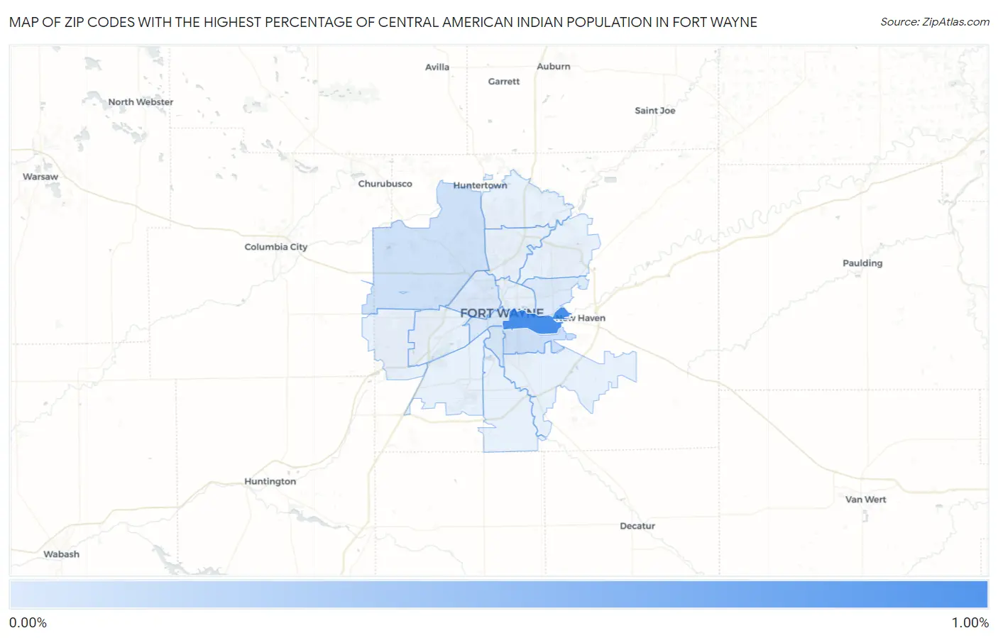 Zip Codes with the Highest Percentage of Central American Indian Population in Fort Wayne Map