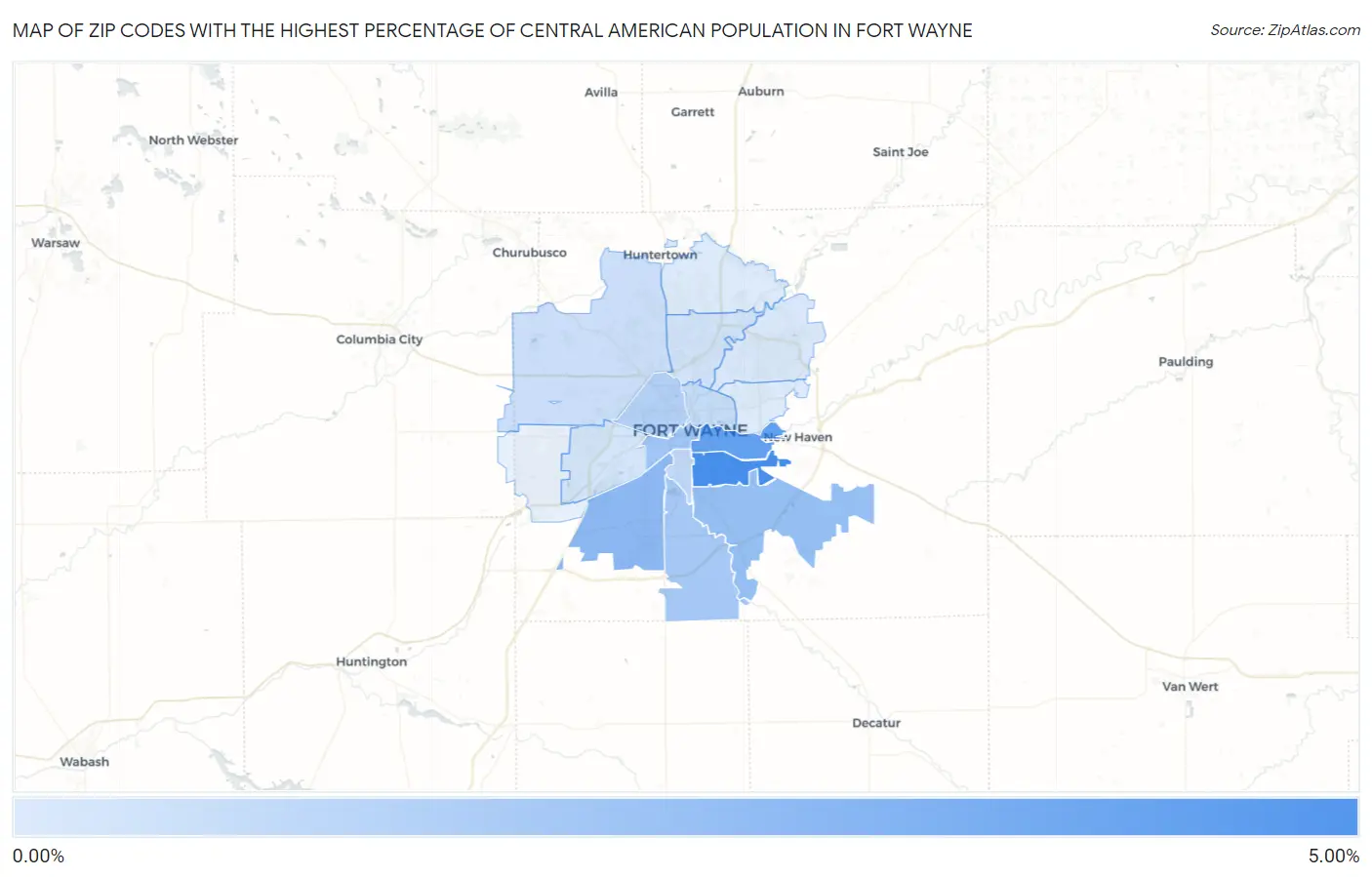Zip Codes with the Highest Percentage of Central American Population in Fort Wayne Map