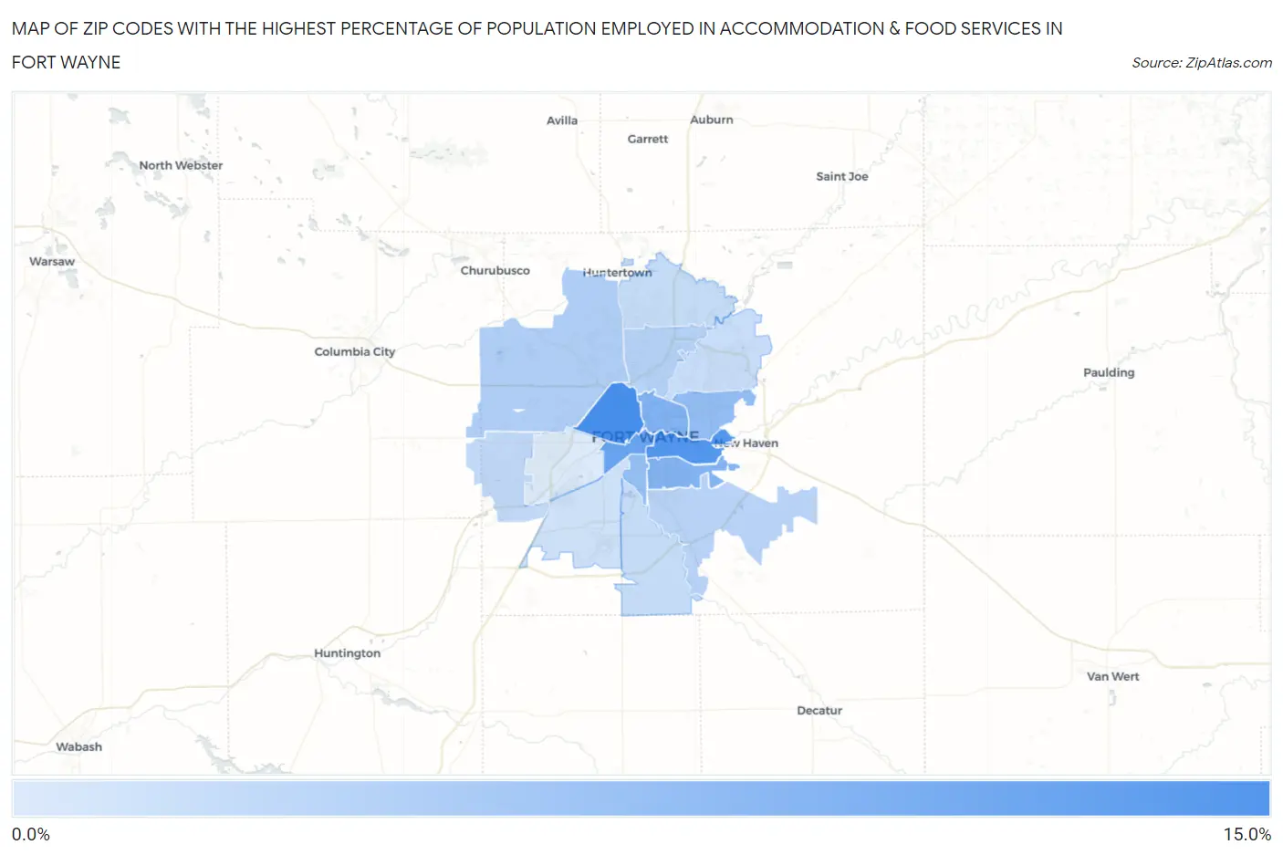 Zip Codes with the Highest Percentage of Population Employed in Accommodation & Food Services in Fort Wayne Map