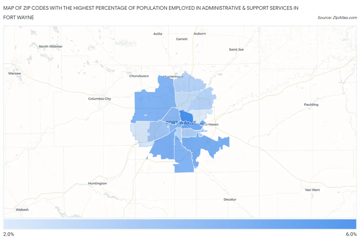 Zip Codes with the Highest Percentage of Population Employed in Administrative & Support Services in Fort Wayne Map