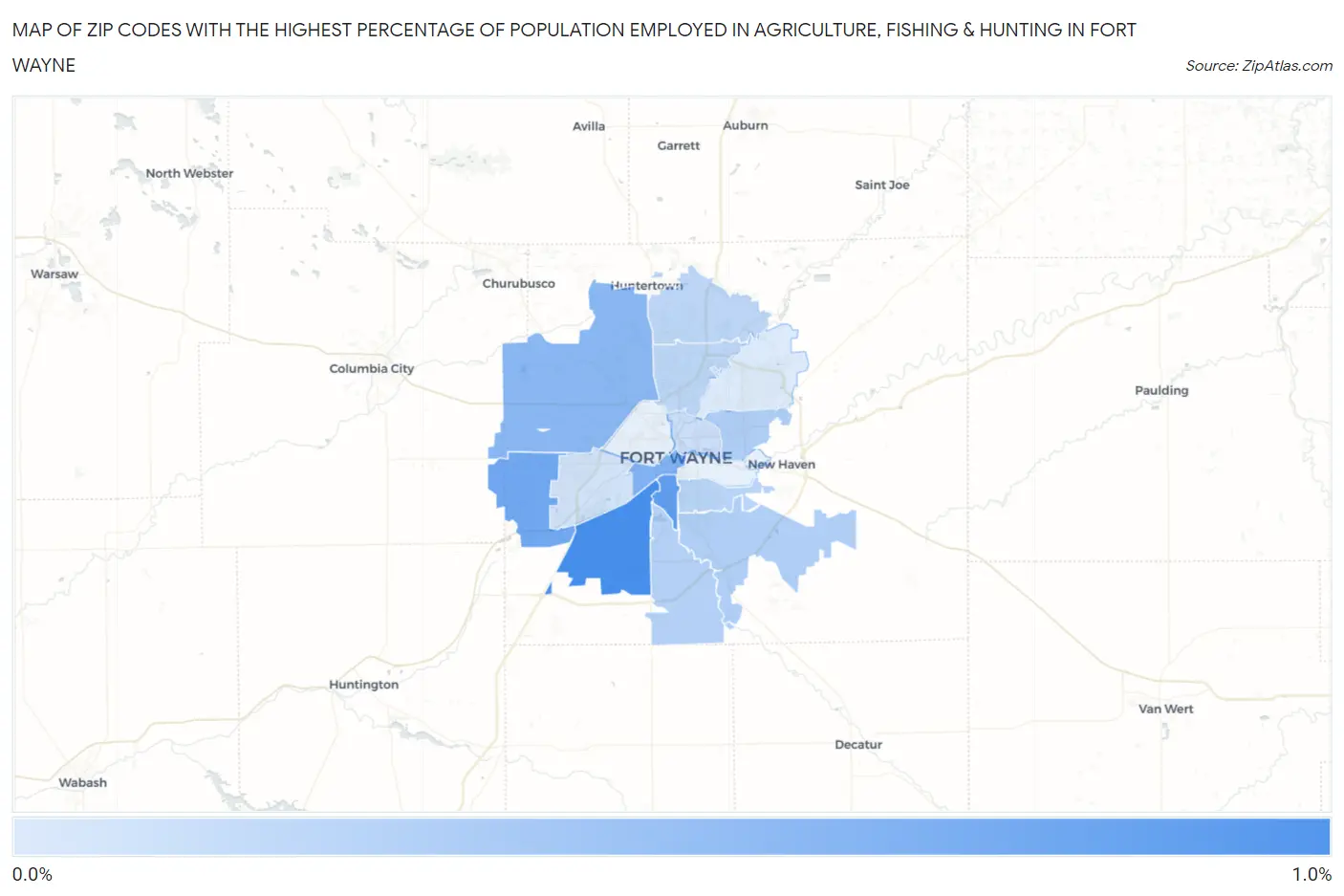 Zip Codes with the Highest Percentage of Population Employed in Agriculture, Fishing & Hunting in Fort Wayne Map