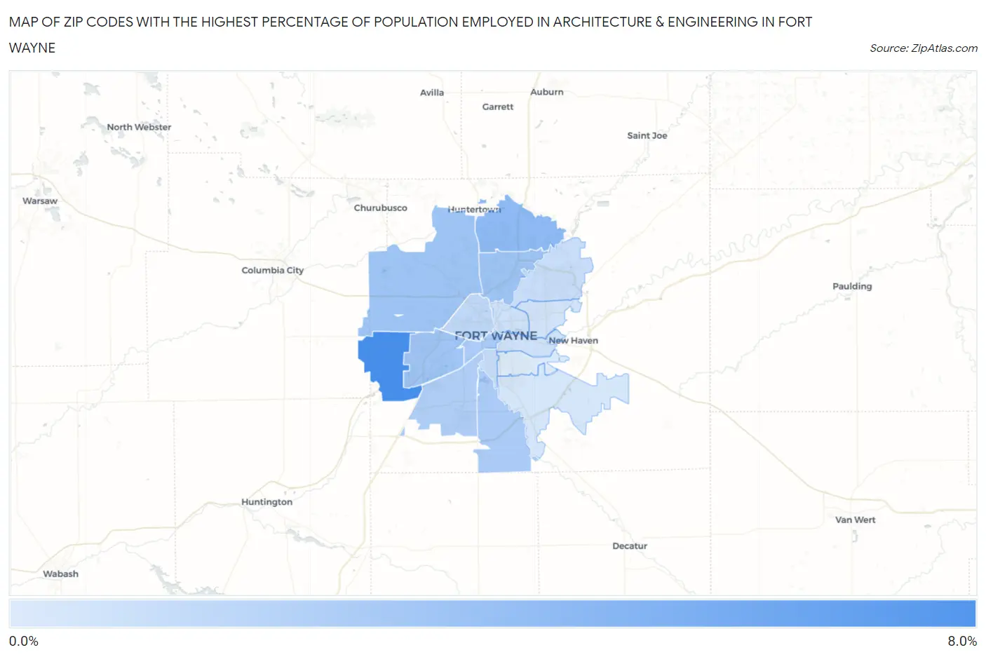 Zip Codes with the Highest Percentage of Population Employed in Architecture & Engineering in Fort Wayne Map