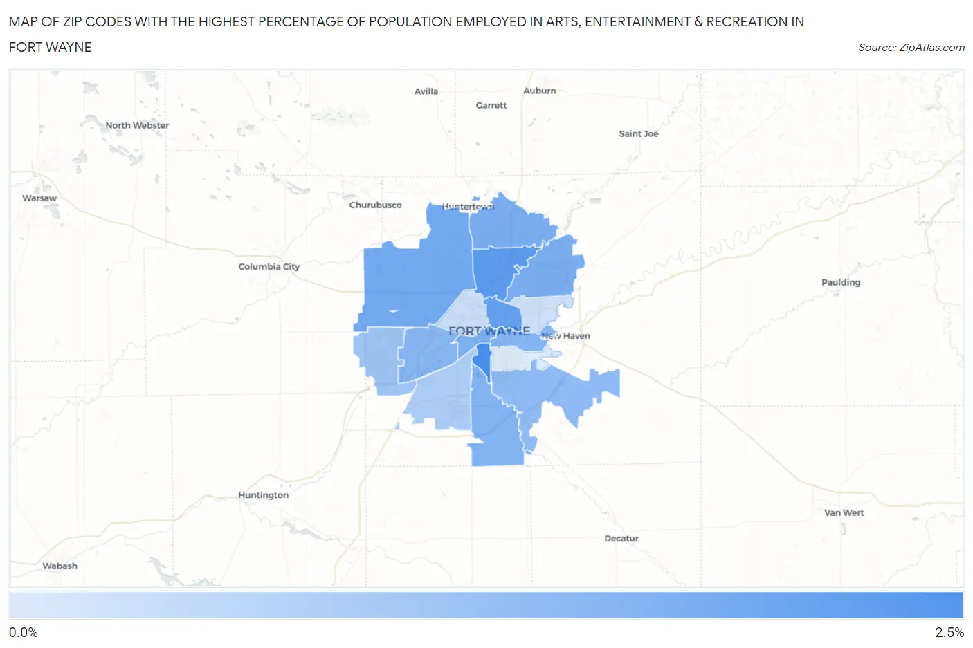 Zip Codes with the Highest Percentage of Population Employed in Arts, Entertainment & Recreation in Fort Wayne Map