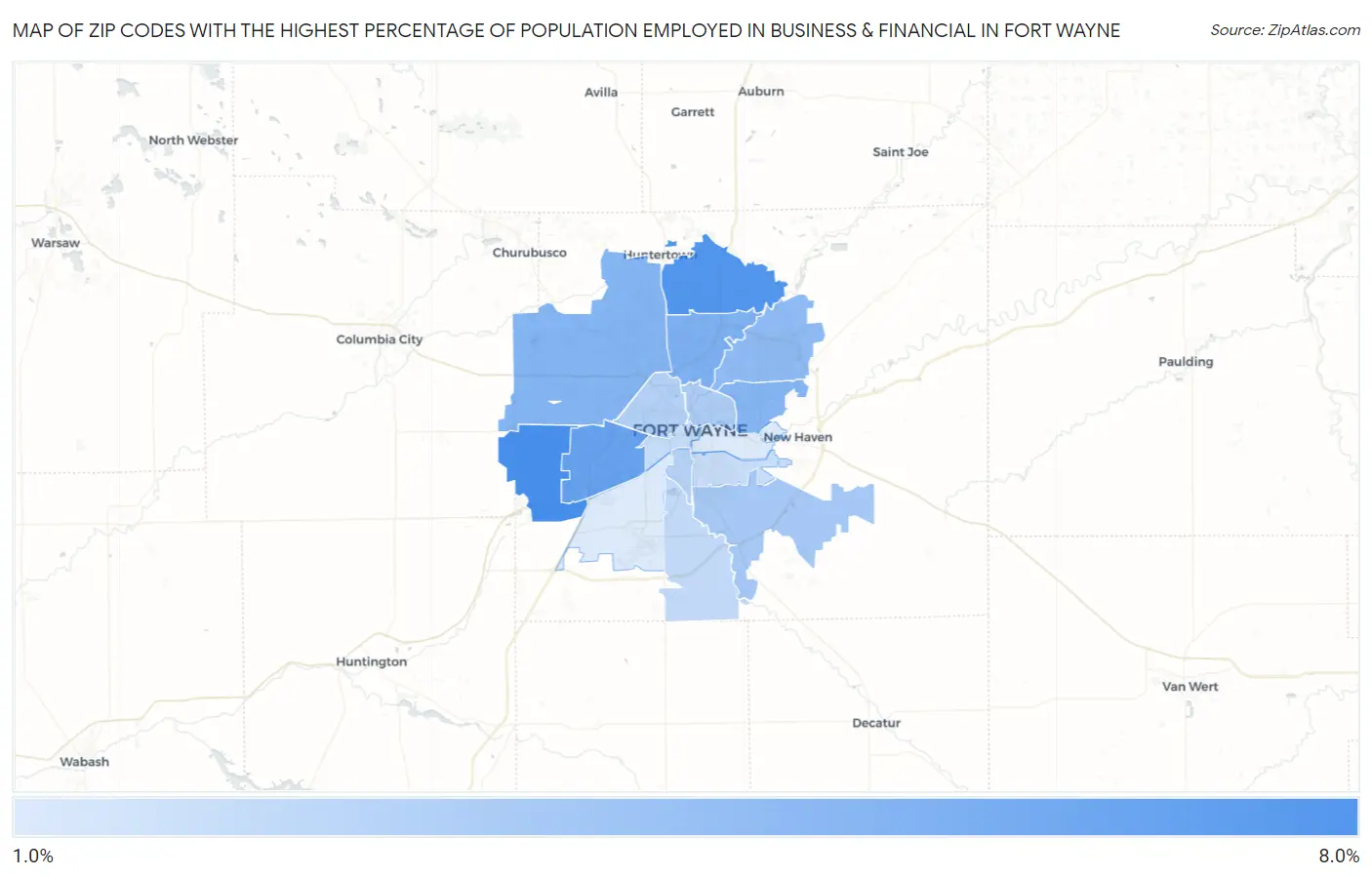 Zip Codes with the Highest Percentage of Population Employed in Business & Financial in Fort Wayne Map