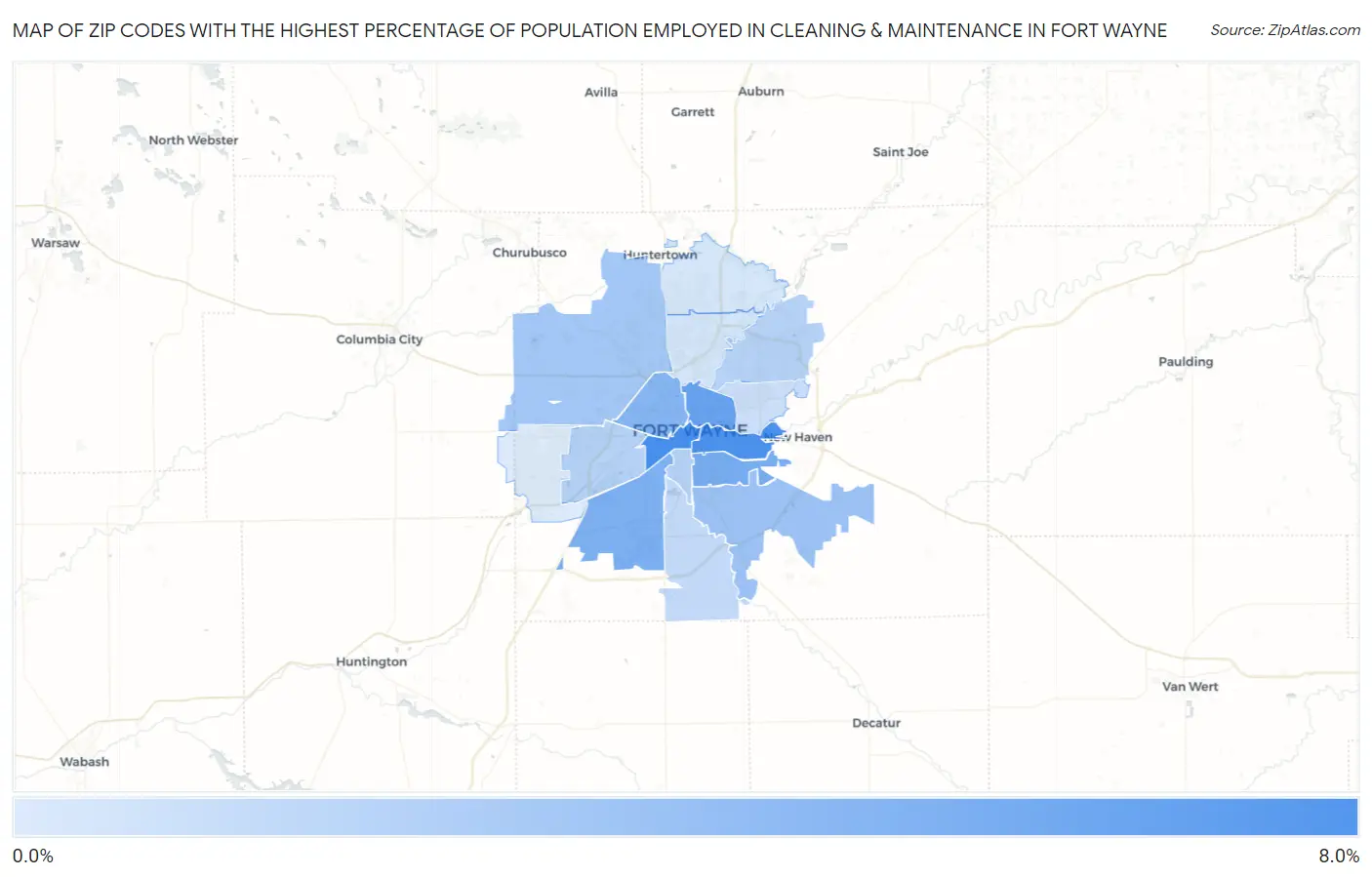Zip Codes with the Highest Percentage of Population Employed in Cleaning & Maintenance in Fort Wayne Map