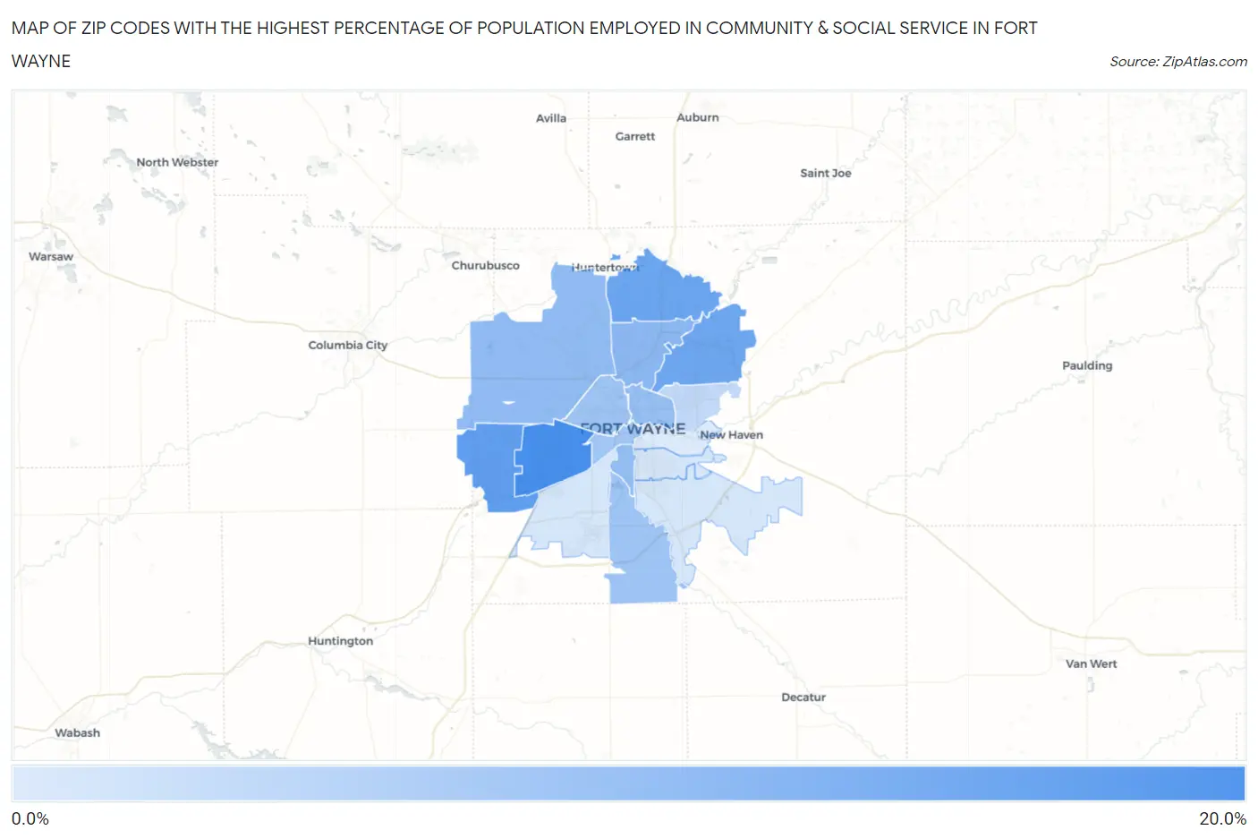 Zip Codes with the Highest Percentage of Population Employed in Community & Social Service  in Fort Wayne Map