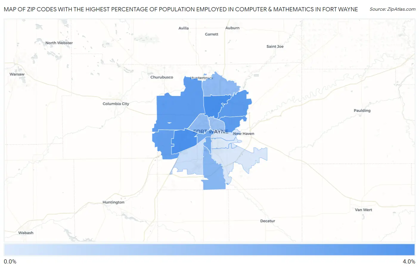 Zip Codes with the Highest Percentage of Population Employed in Computer & Mathematics in Fort Wayne Map