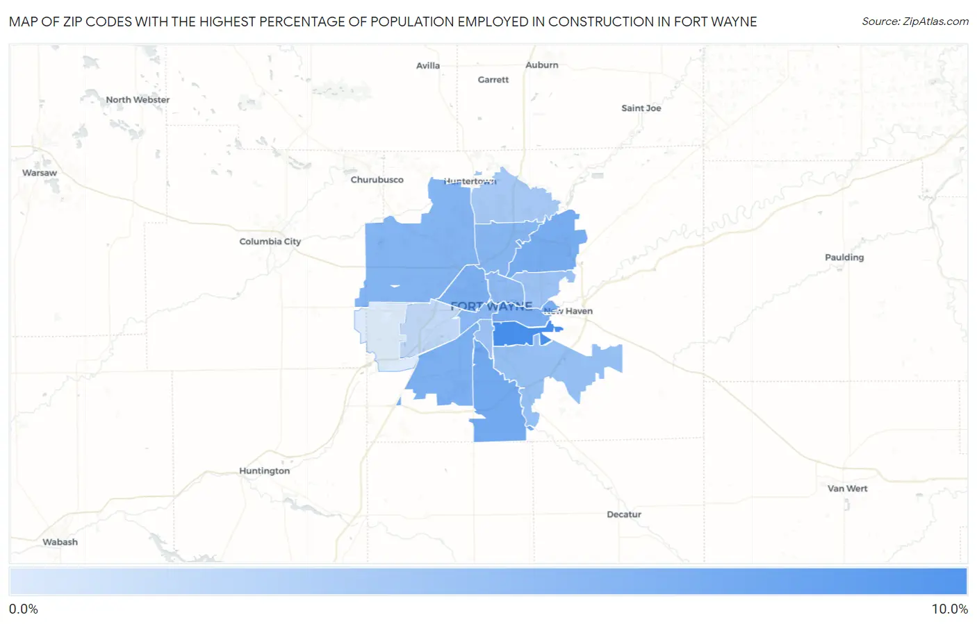 Zip Codes with the Highest Percentage of Population Employed in Construction in Fort Wayne Map