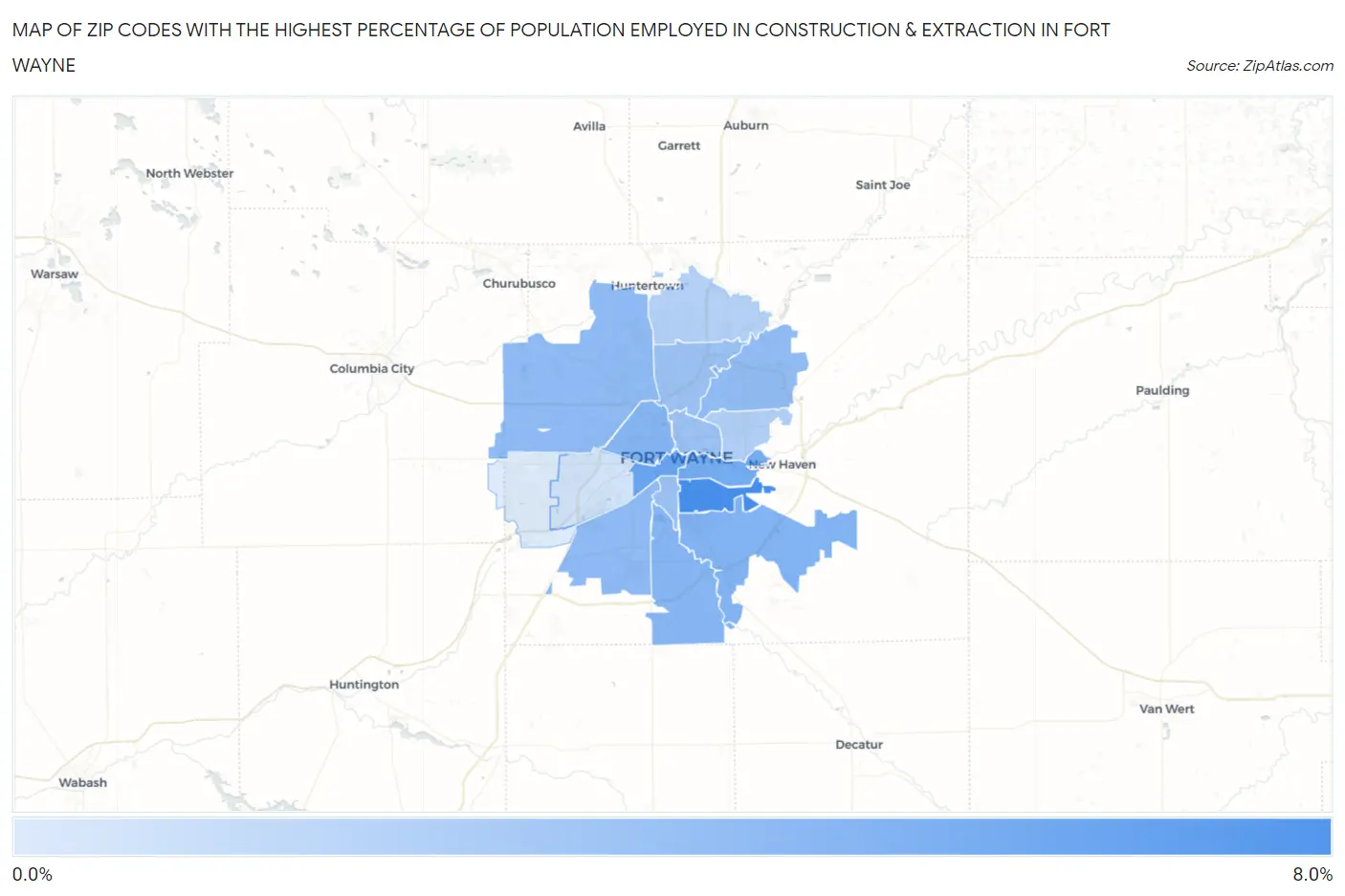 Zip Codes with the Highest Percentage of Population Employed in Construction & Extraction in Fort Wayne Map