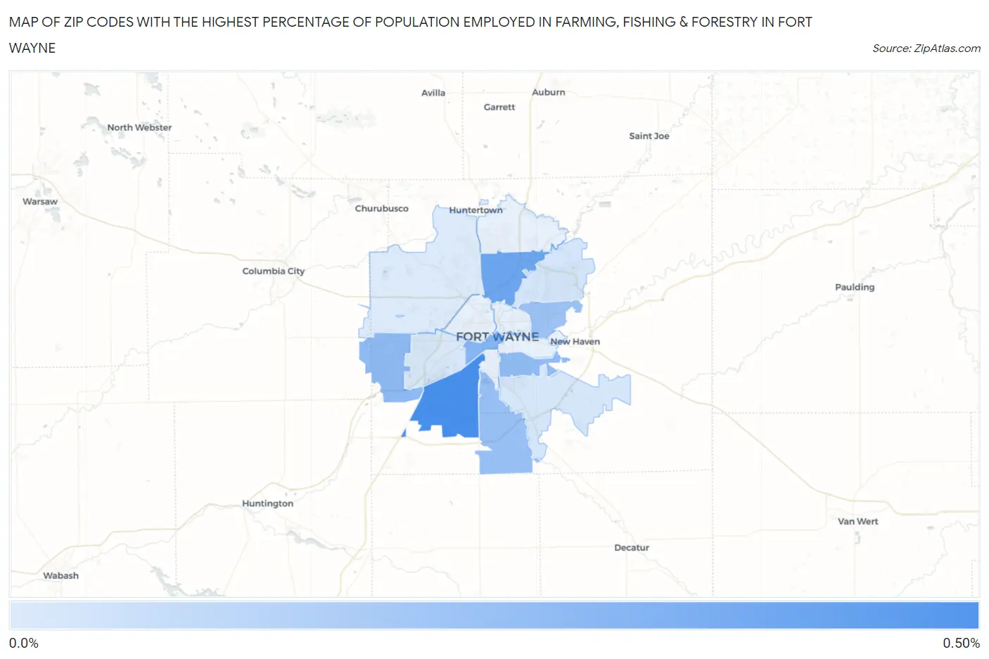 Zip Codes with the Highest Percentage of Population Employed in Farming, Fishing & Forestry in Fort Wayne Map