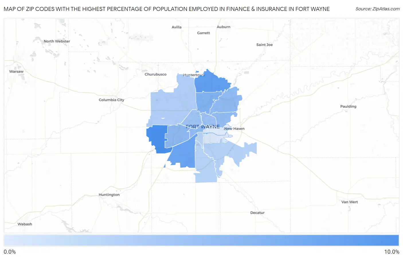 Zip Codes with the Highest Percentage of Population Employed in Finance & Insurance in Fort Wayne Map