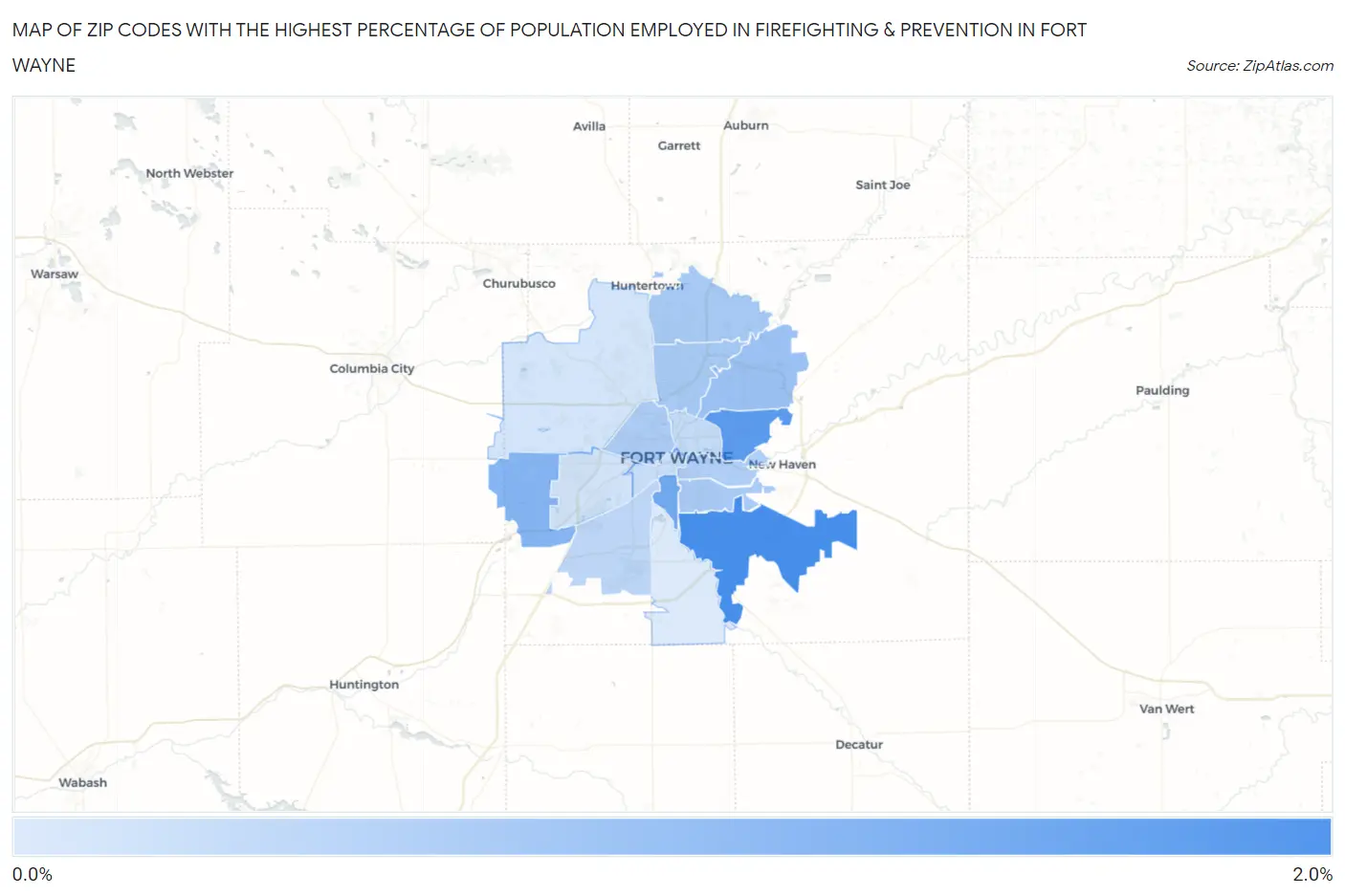 Zip Codes with the Highest Percentage of Population Employed in Firefighting & Prevention in Fort Wayne Map