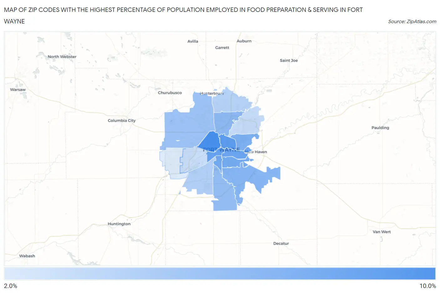 Zip Codes with the Highest Percentage of Population Employed in Food Preparation & Serving in Fort Wayne Map