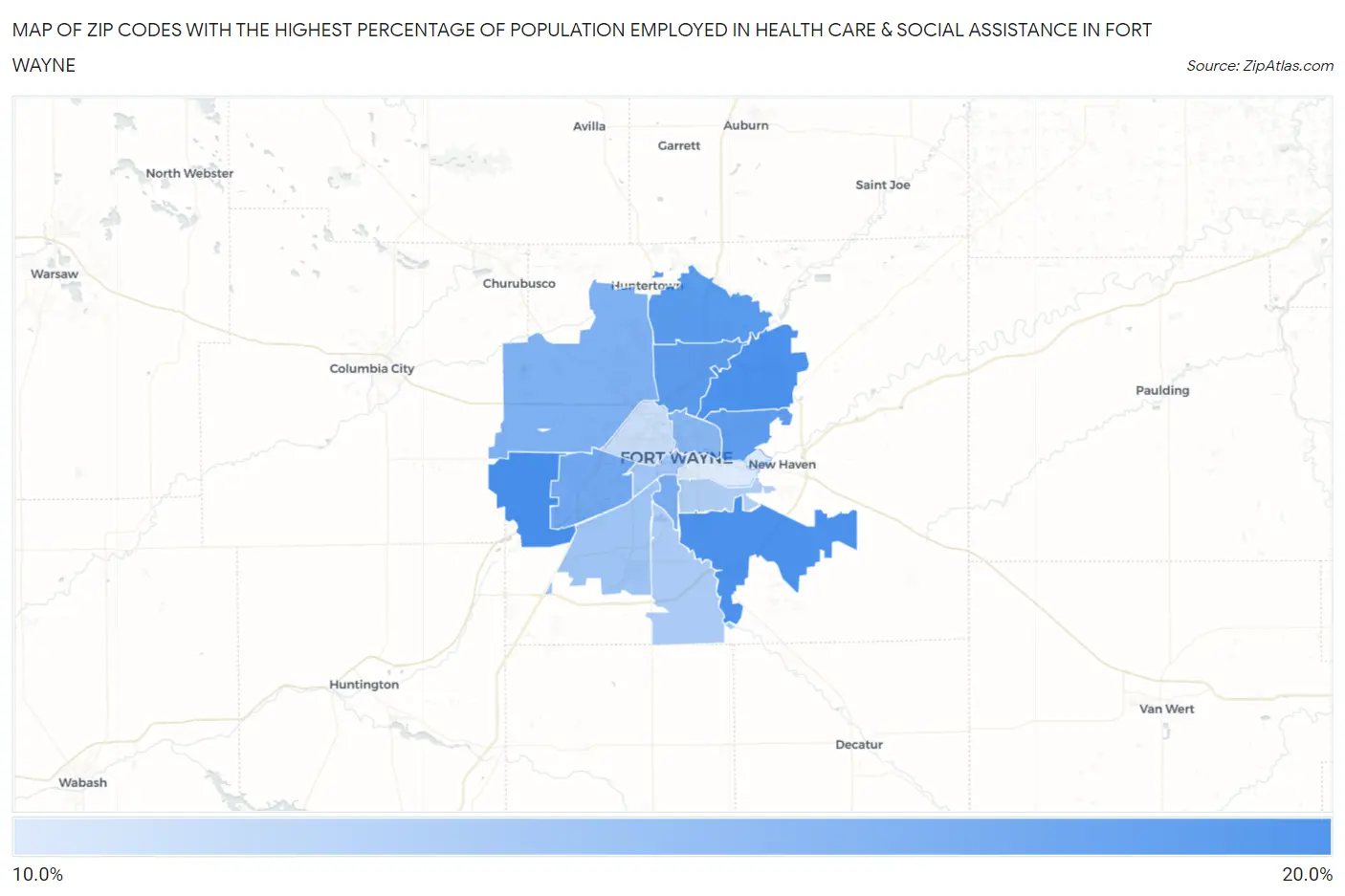 Zip Codes with the Highest Percentage of Population Employed in Health Care & Social Assistance in Fort Wayne Map