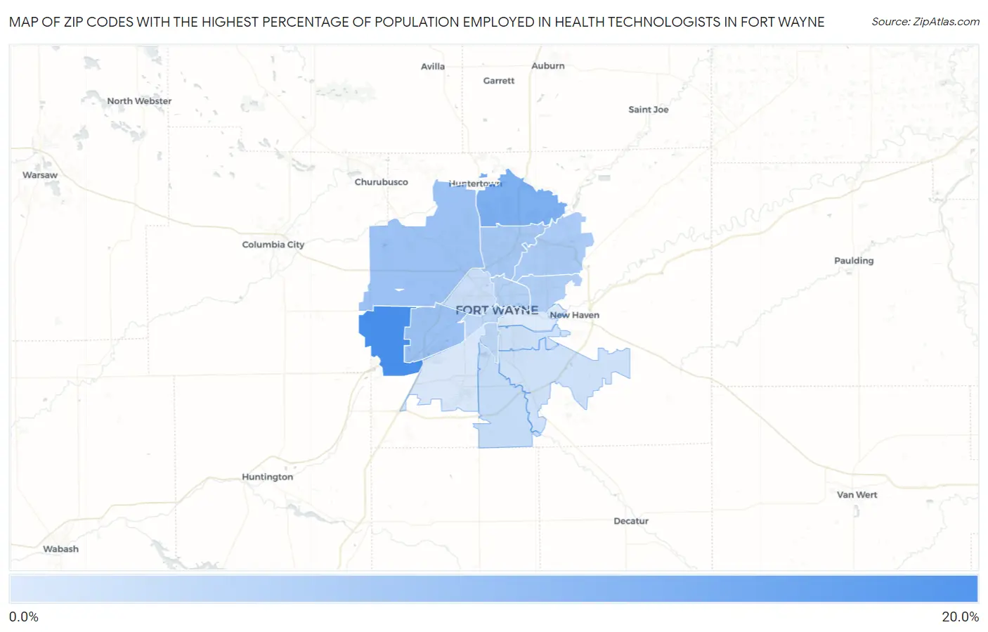 Zip Codes with the Highest Percentage of Population Employed in Health Technologists in Fort Wayne Map
