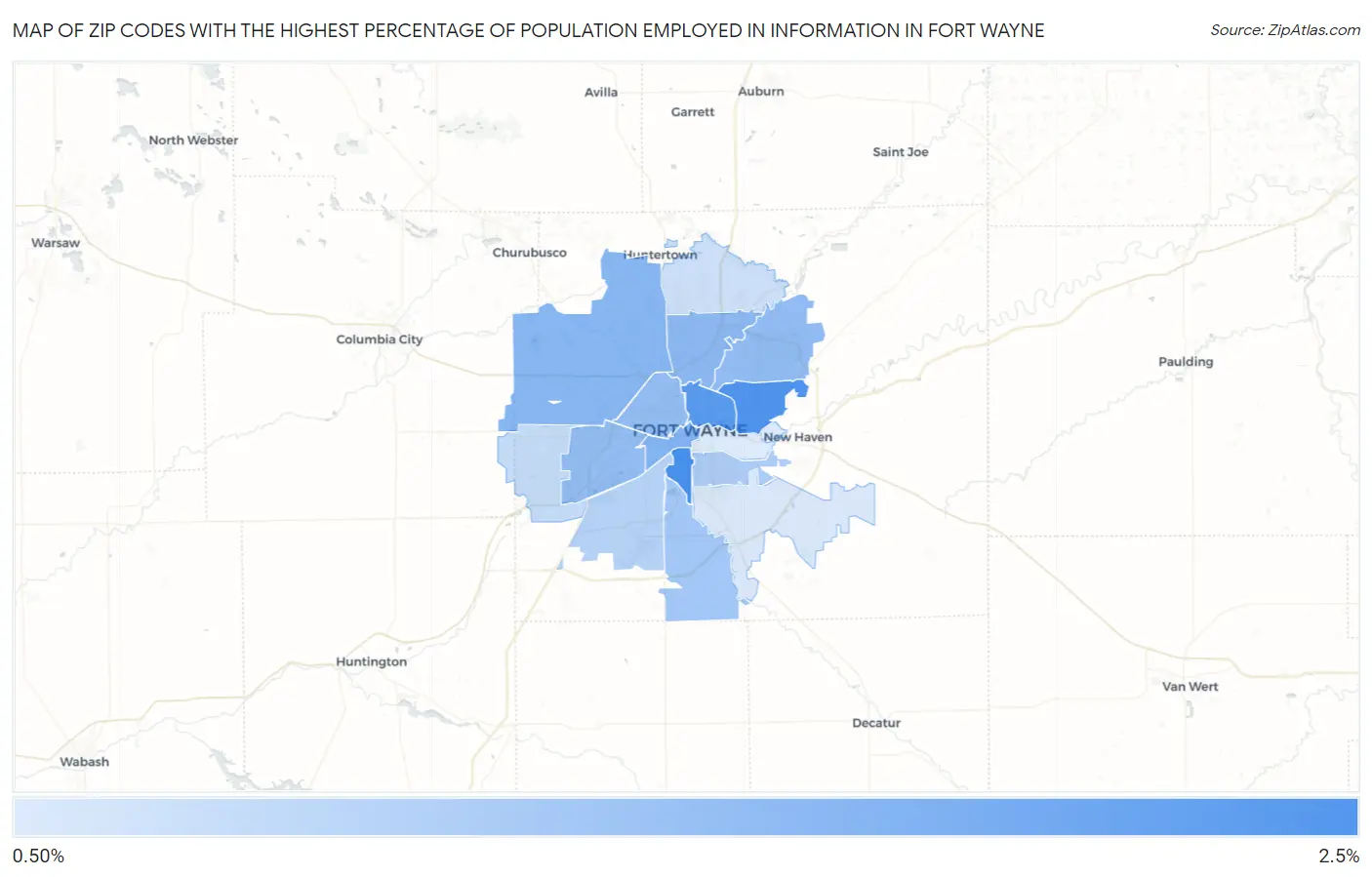 Zip Codes with the Highest Percentage of Population Employed in Information in Fort Wayne Map