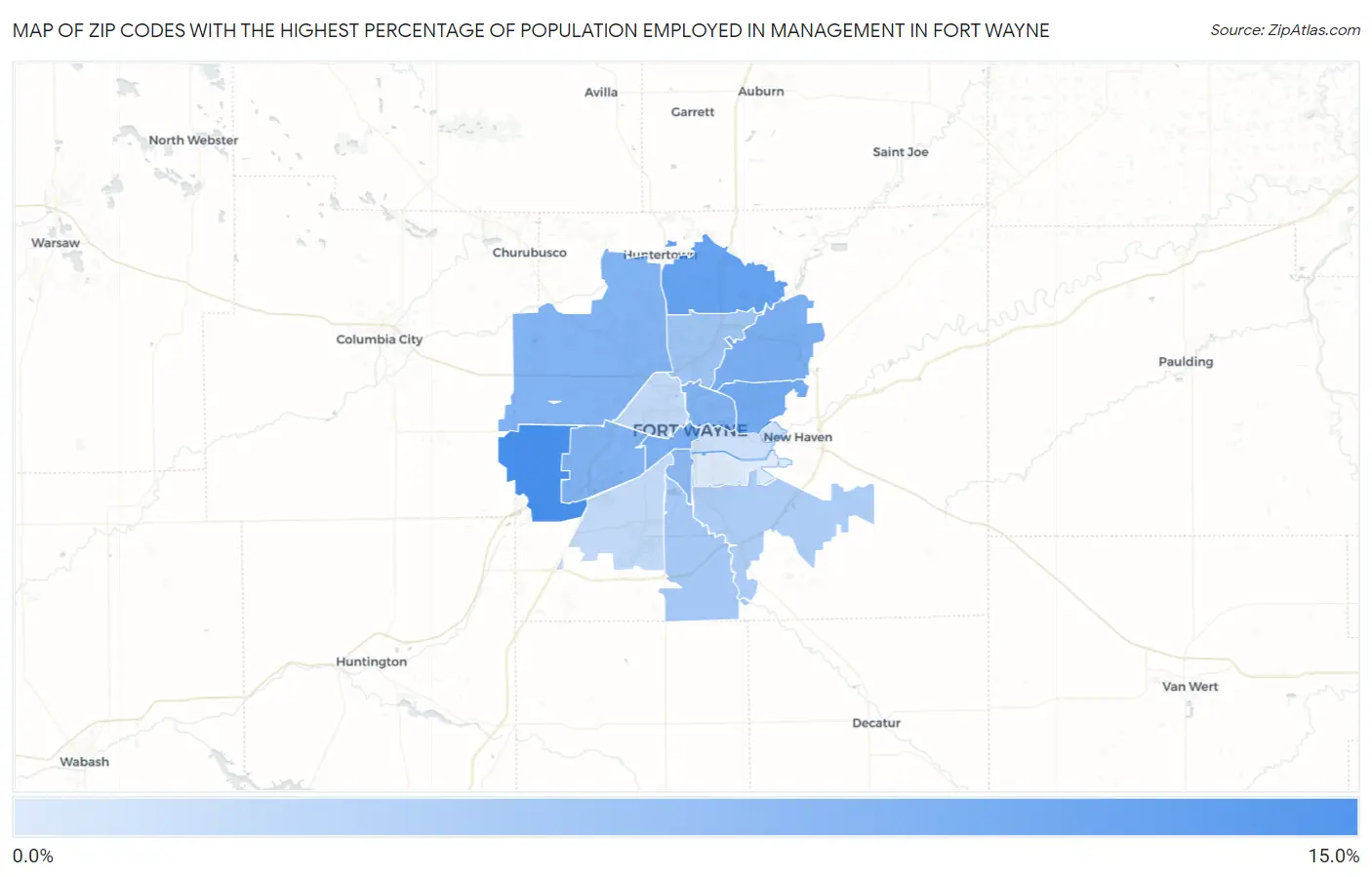 Zip Codes with the Highest Percentage of Population Employed in Management in Fort Wayne Map