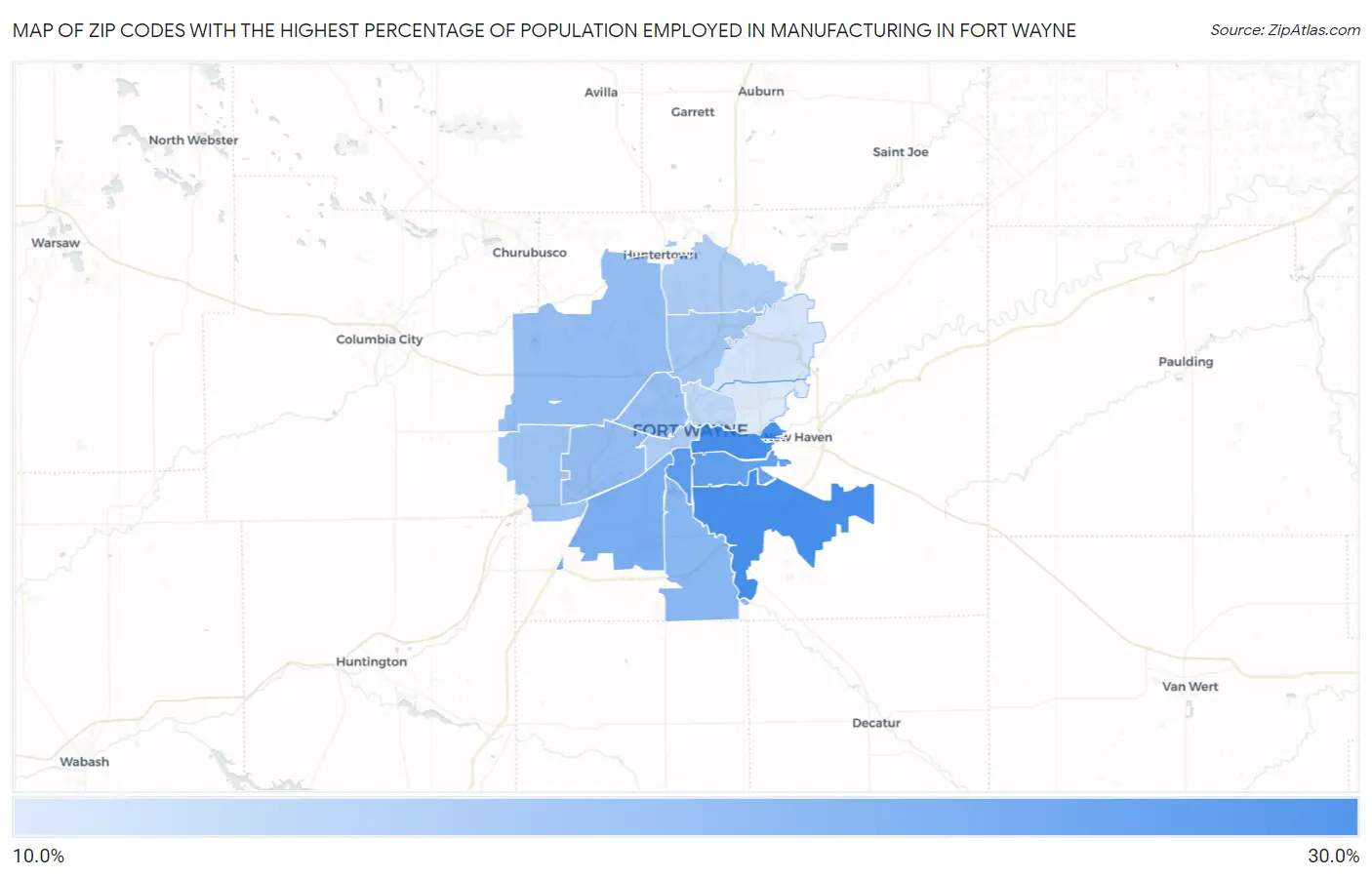 Zip Codes with the Highest Percentage of Population Employed in Manufacturing in Fort Wayne Map