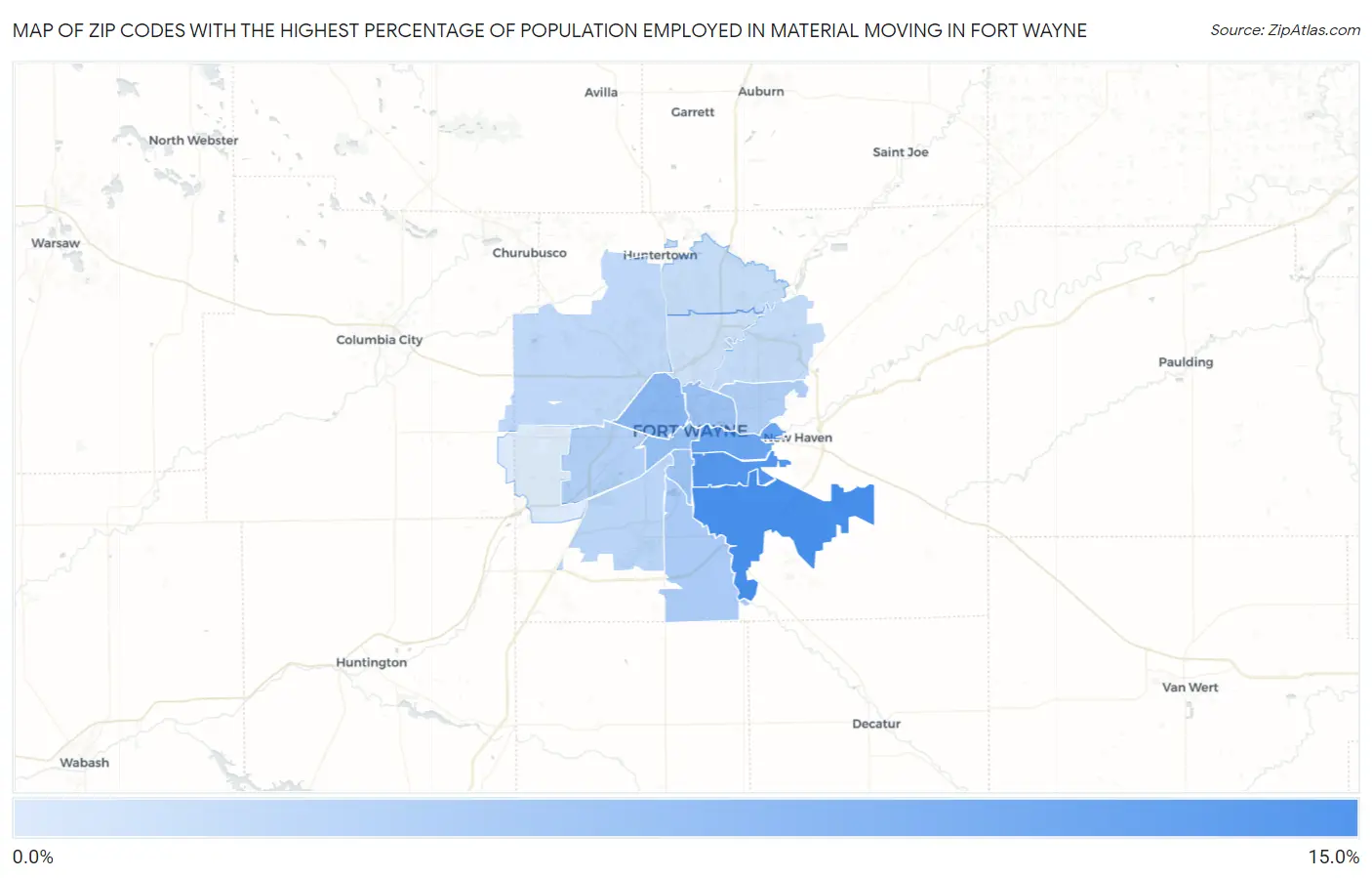 Zip Codes with the Highest Percentage of Population Employed in Material Moving in Fort Wayne Map