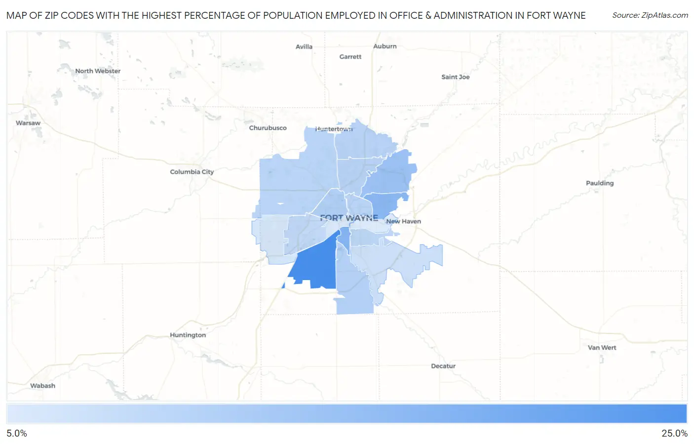 Zip Codes with the Highest Percentage of Population Employed in Office & Administration in Fort Wayne Map