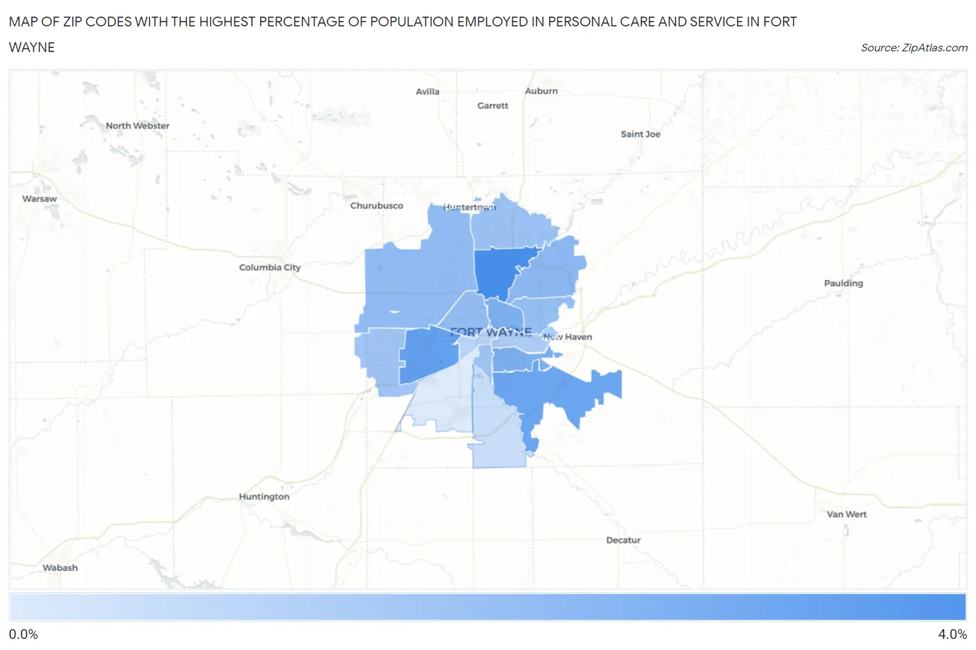 Zip Codes with the Highest Percentage of Population Employed in Personal Care and Service in Fort Wayne Map