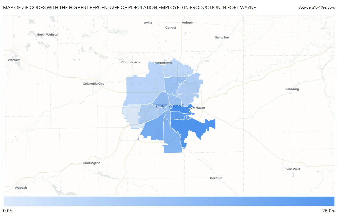Zip Codes with the Highest Percentage of Population Employed in Production in Fort Wayne Map
