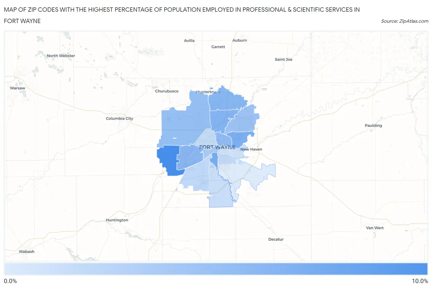 Zip Codes with the Highest Percentage of Population Employed in Professional & Scientific Services in Fort Wayne Map