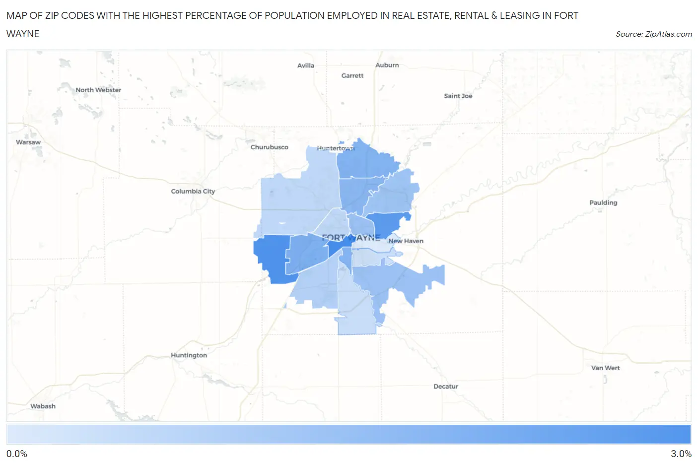 Zip Codes with the Highest Percentage of Population Employed in Real Estate, Rental & Leasing in Fort Wayne Map