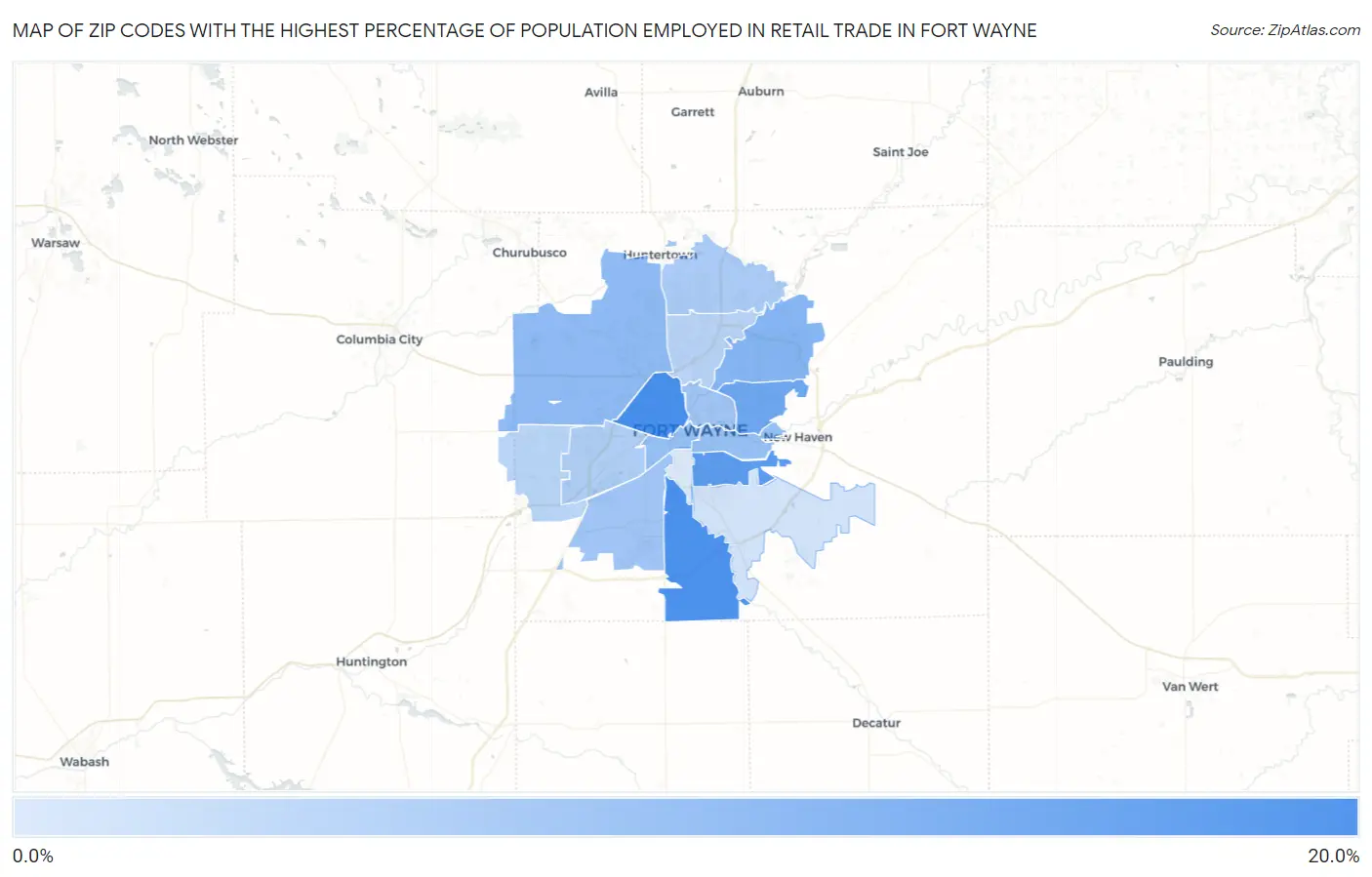 Zip Codes with the Highest Percentage of Population Employed in Retail Trade in Fort Wayne Map