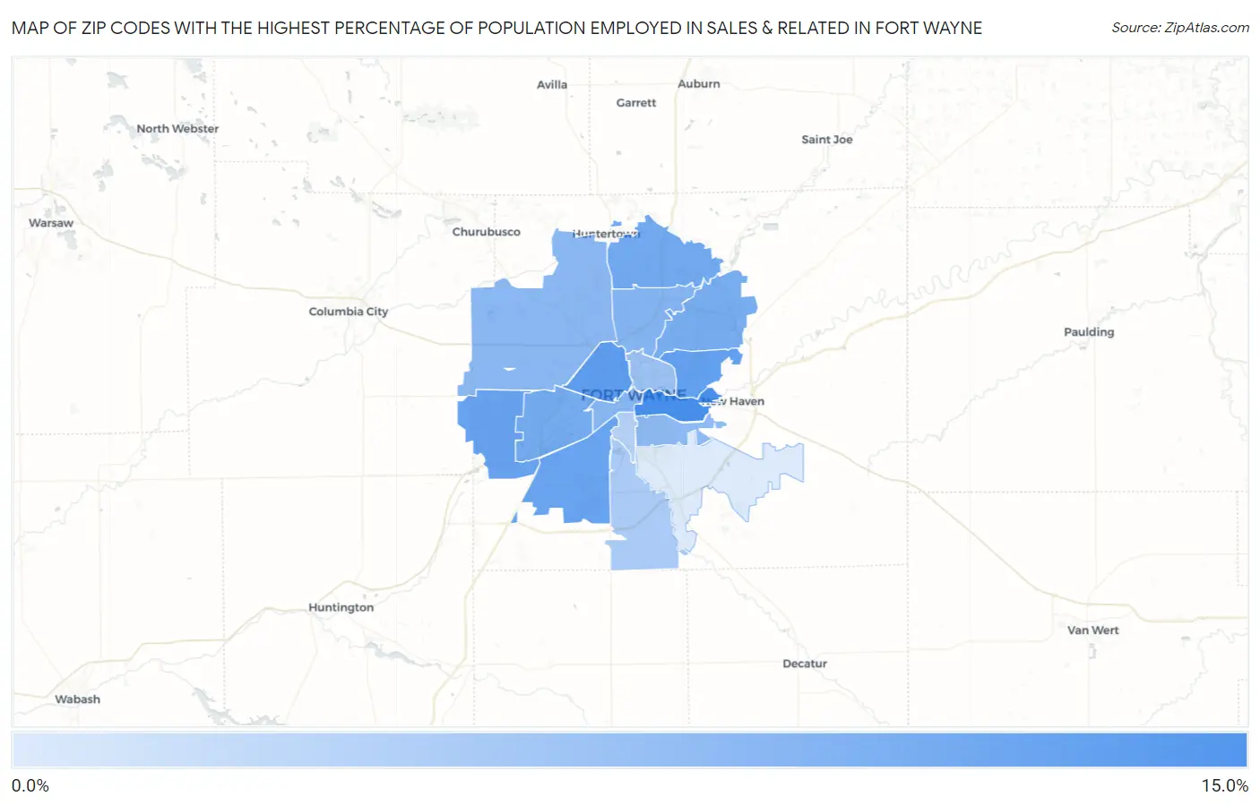 Zip Codes with the Highest Percentage of Population Employed in Sales & Related in Fort Wayne Map