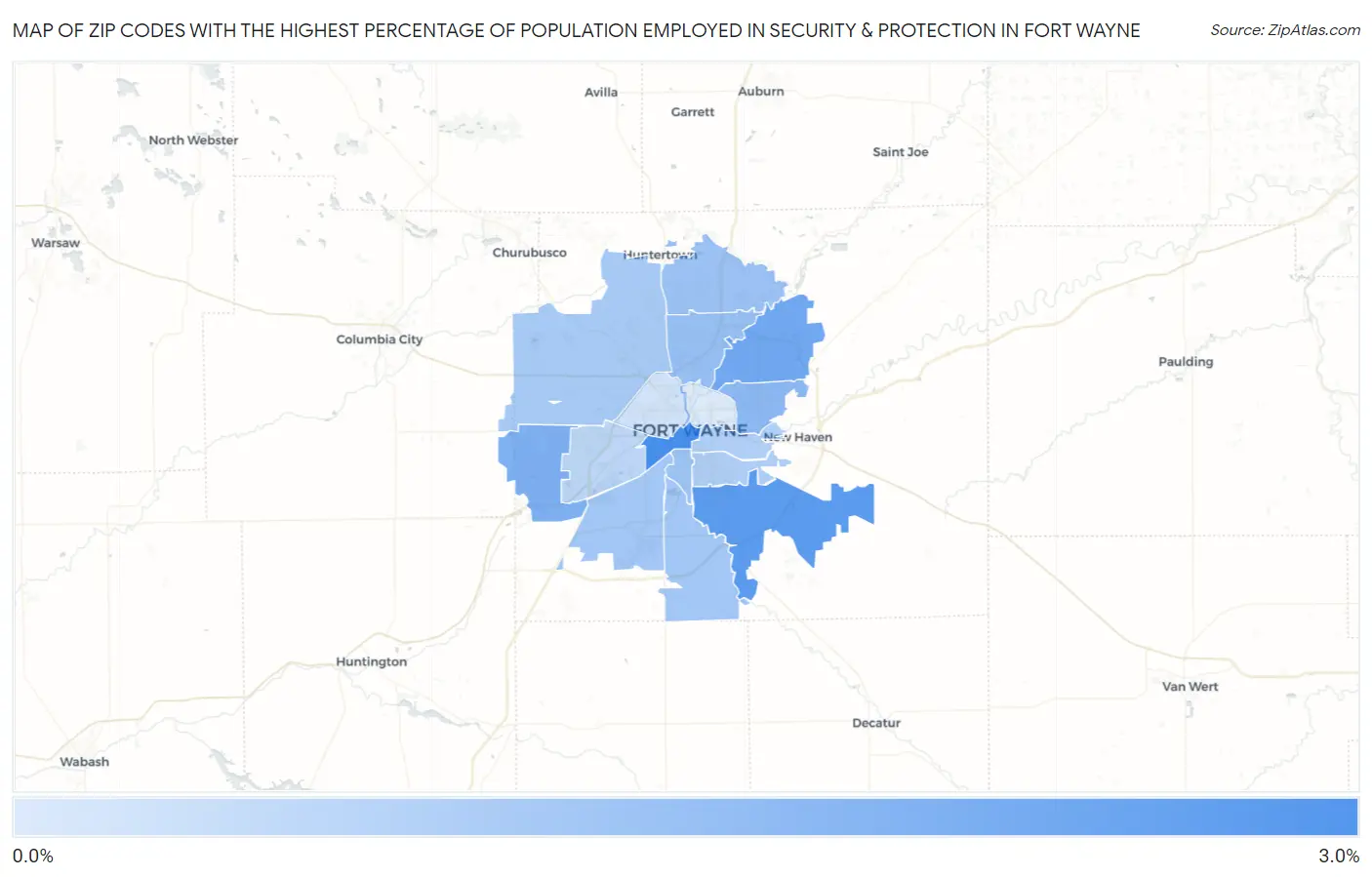 Zip Codes with the Highest Percentage of Population Employed in Security & Protection in Fort Wayne Map