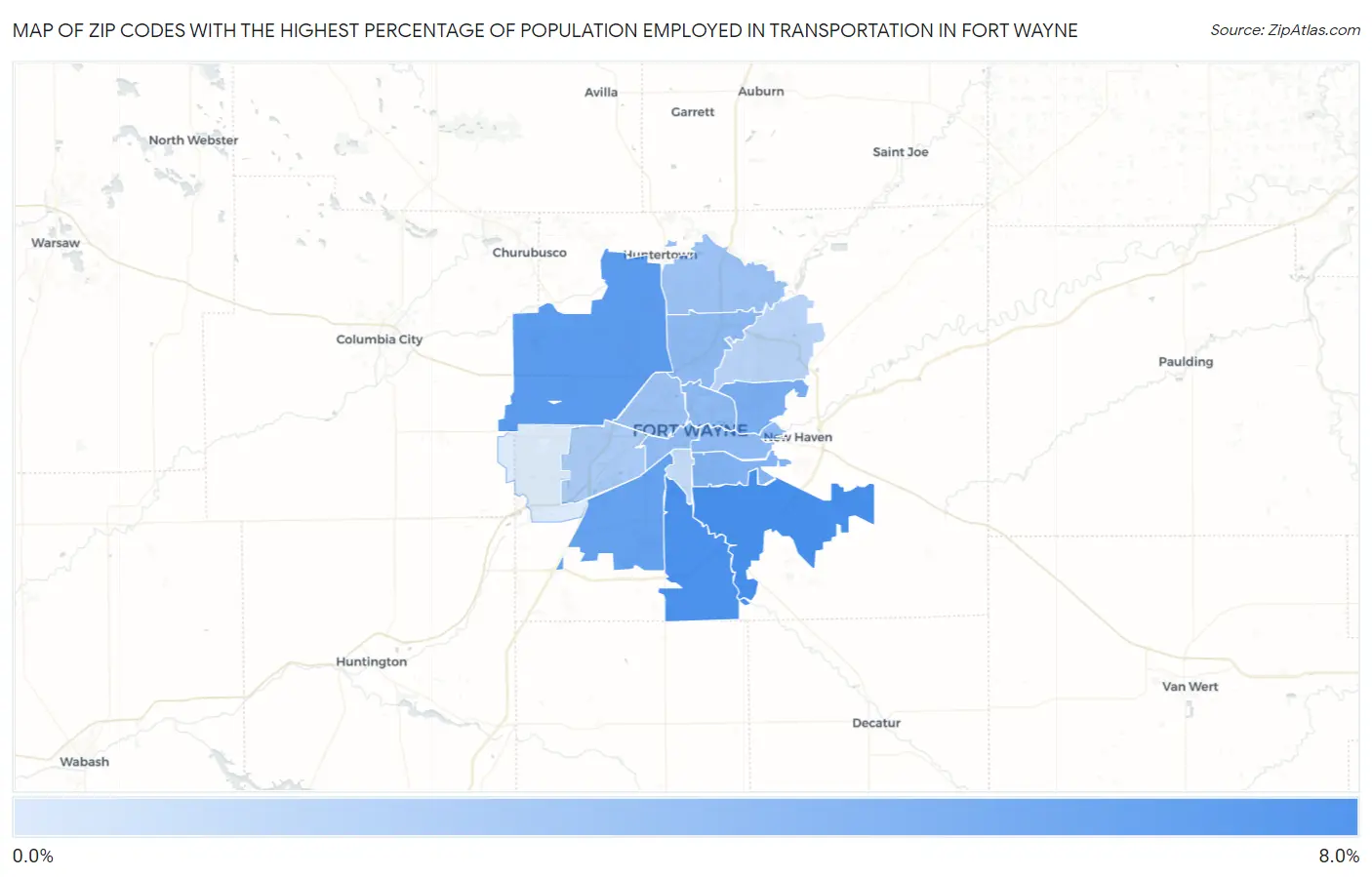 Zip Codes with the Highest Percentage of Population Employed in Transportation in Fort Wayne Map