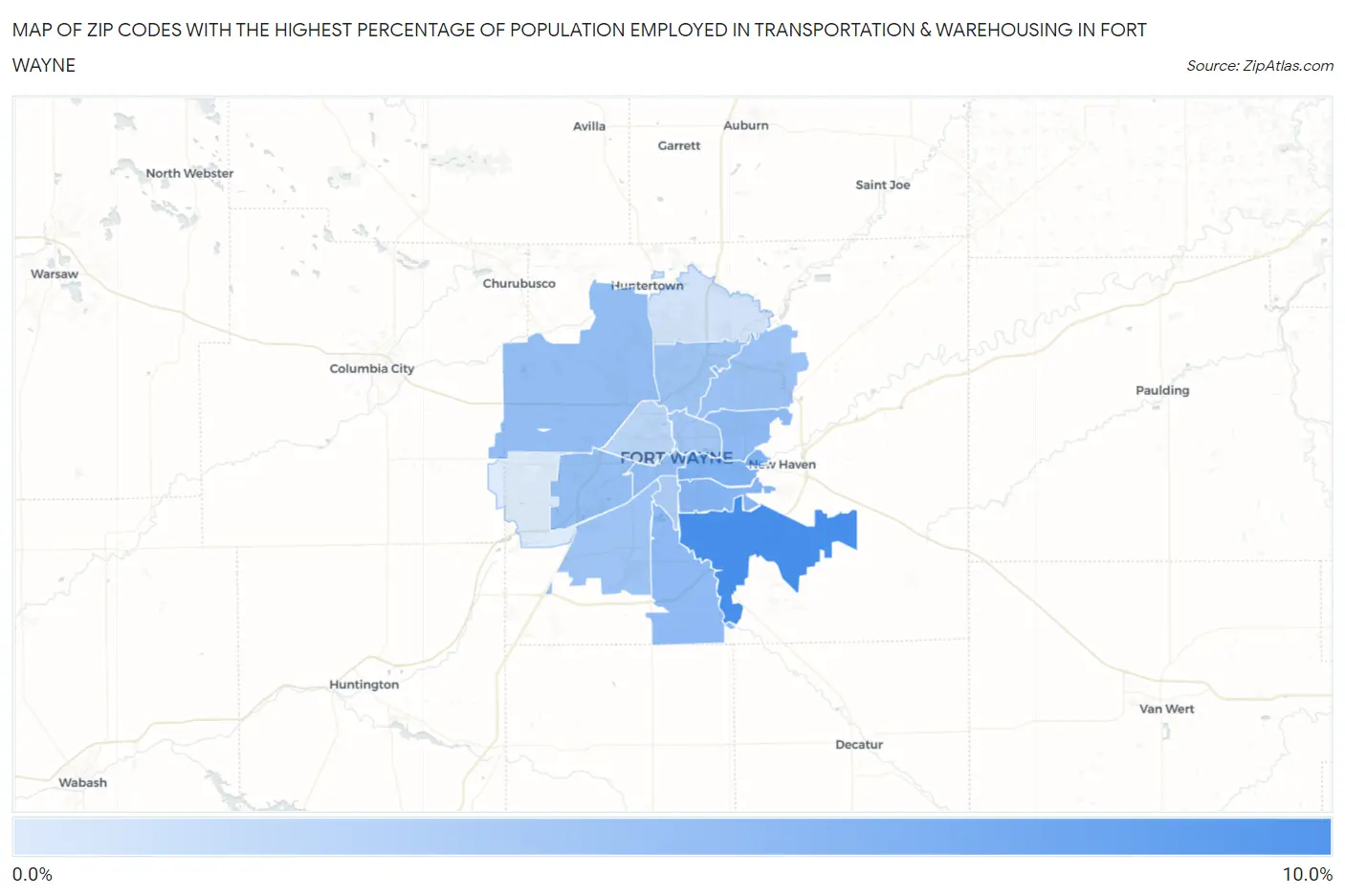 Zip Codes with the Highest Percentage of Population Employed in Transportation & Warehousing in Fort Wayne Map