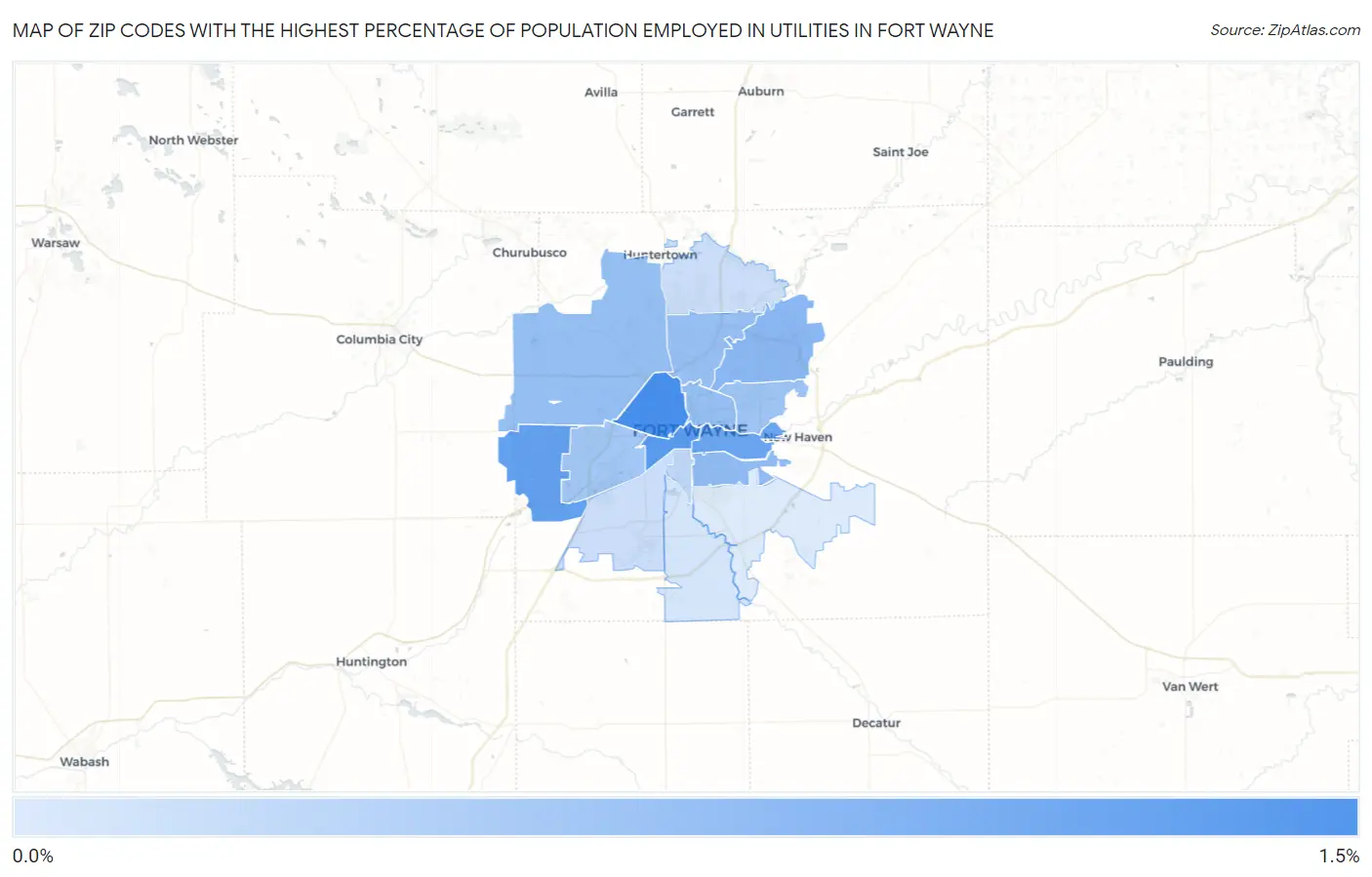 Zip Codes with the Highest Percentage of Population Employed in Utilities in Fort Wayne Map