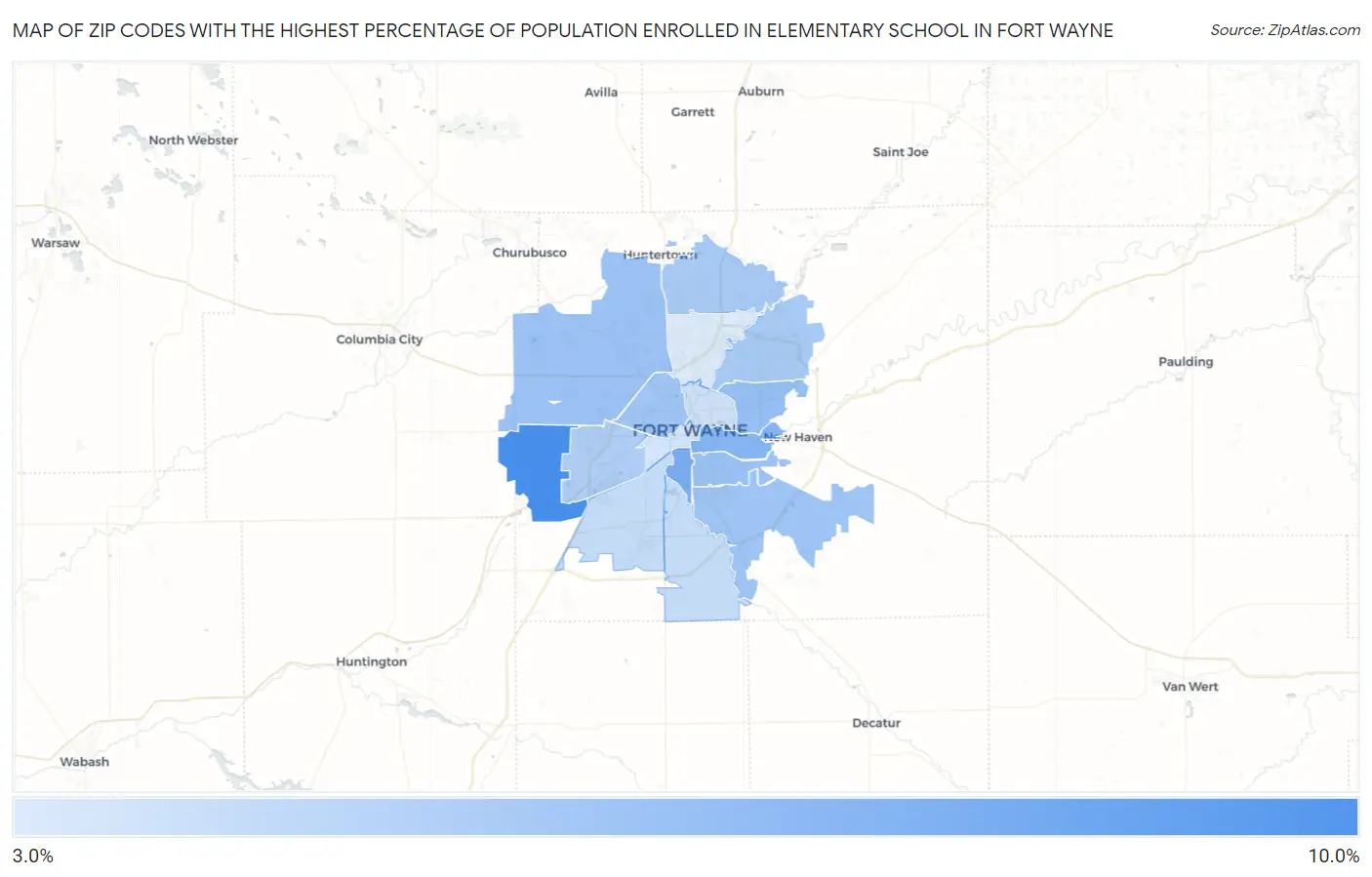 Zip Codes with the Highest Percentage of Population Enrolled in Elementary School in Fort Wayne Map