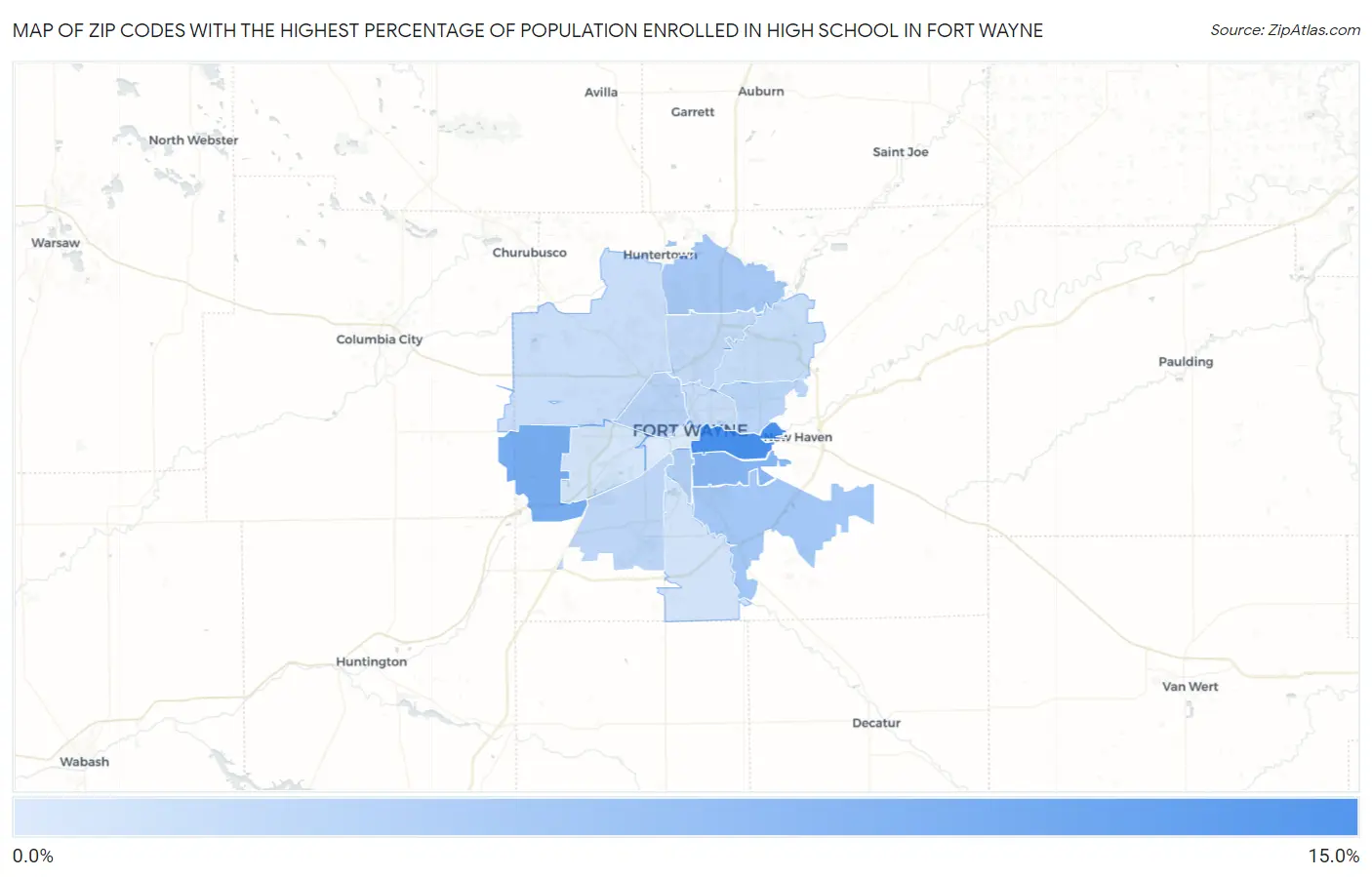 Zip Codes with the Highest Percentage of Population Enrolled in High School in Fort Wayne Map