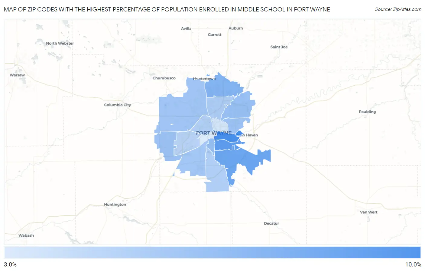 Zip Codes with the Highest Percentage of Population Enrolled in Middle School in Fort Wayne Map