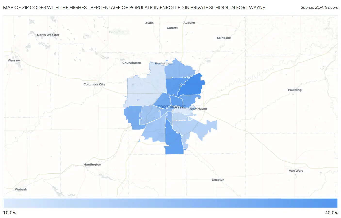 Zip Codes with the Highest Percentage of Population Enrolled in Private School in Fort Wayne Map