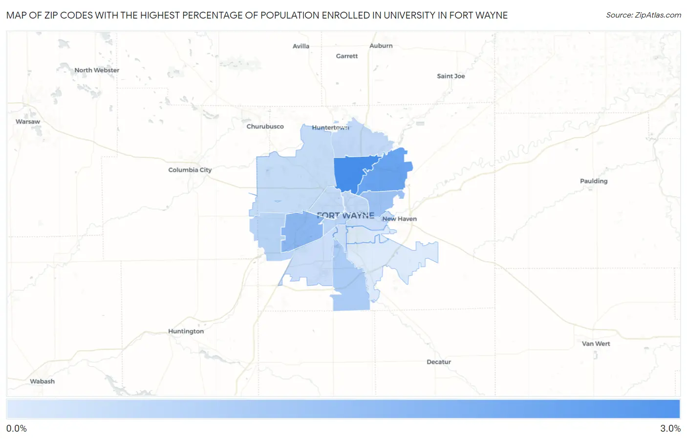 Zip Codes with the Highest Percentage of Population Enrolled in University in Fort Wayne Map