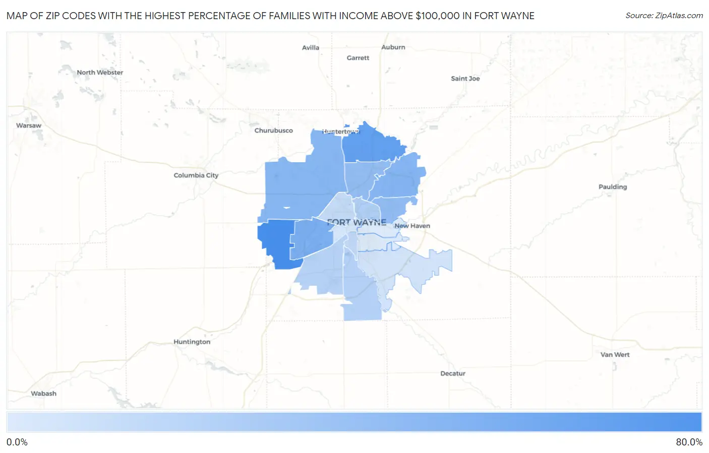 Zip Codes with the Highest Percentage of Families with Income Above $100,000 in Fort Wayne Map