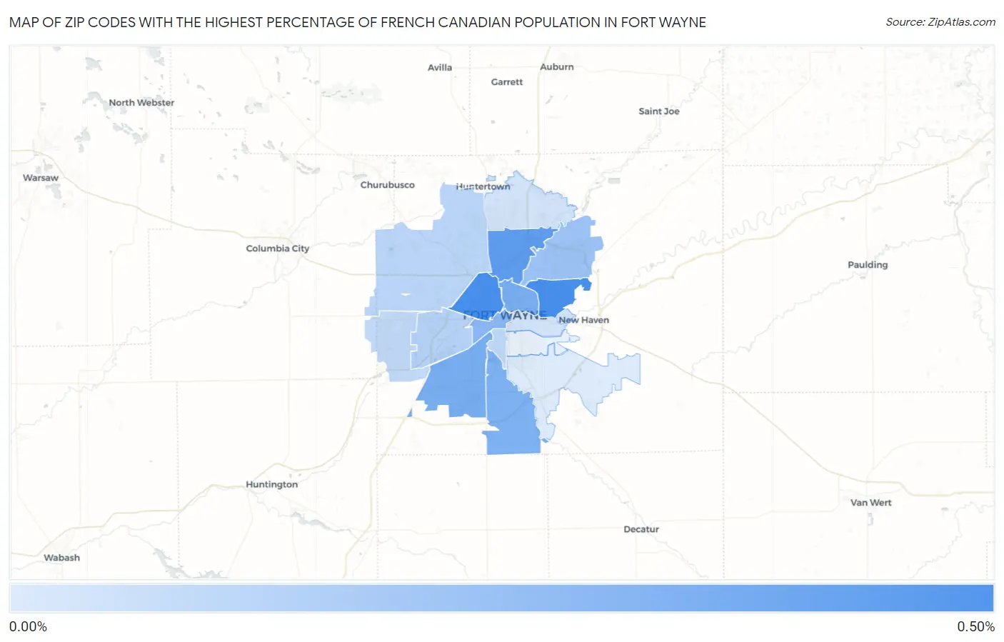 Zip Codes with the Highest Percentage of French Canadian Population in Fort Wayne Map