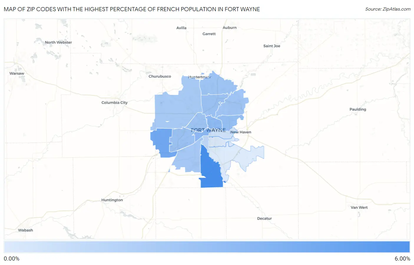 Zip Codes with the Highest Percentage of French Population in Fort Wayne Map
