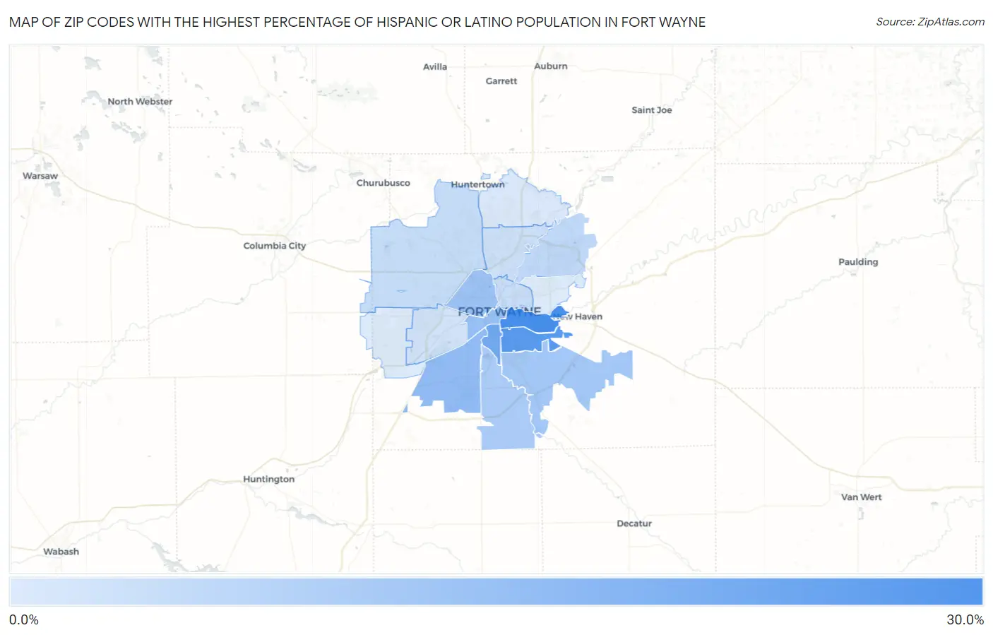 Zip Codes with the Highest Percentage of Hispanic or Latino Population in Fort Wayne Map