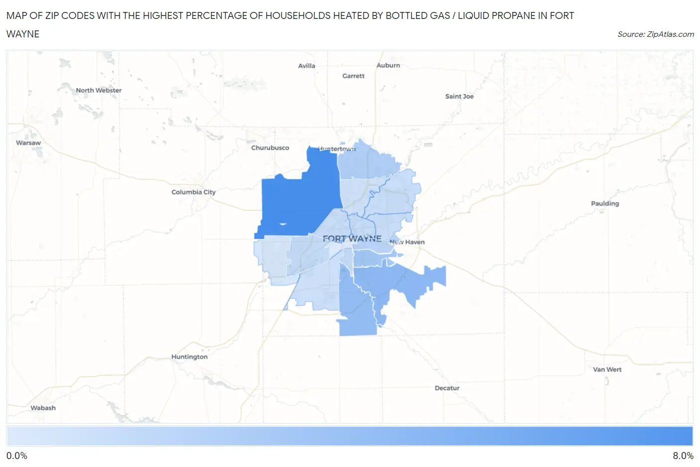 Zip Codes with the Highest Percentage of Households Heated by Bottled Gas / Liquid Propane in Fort Wayne Map