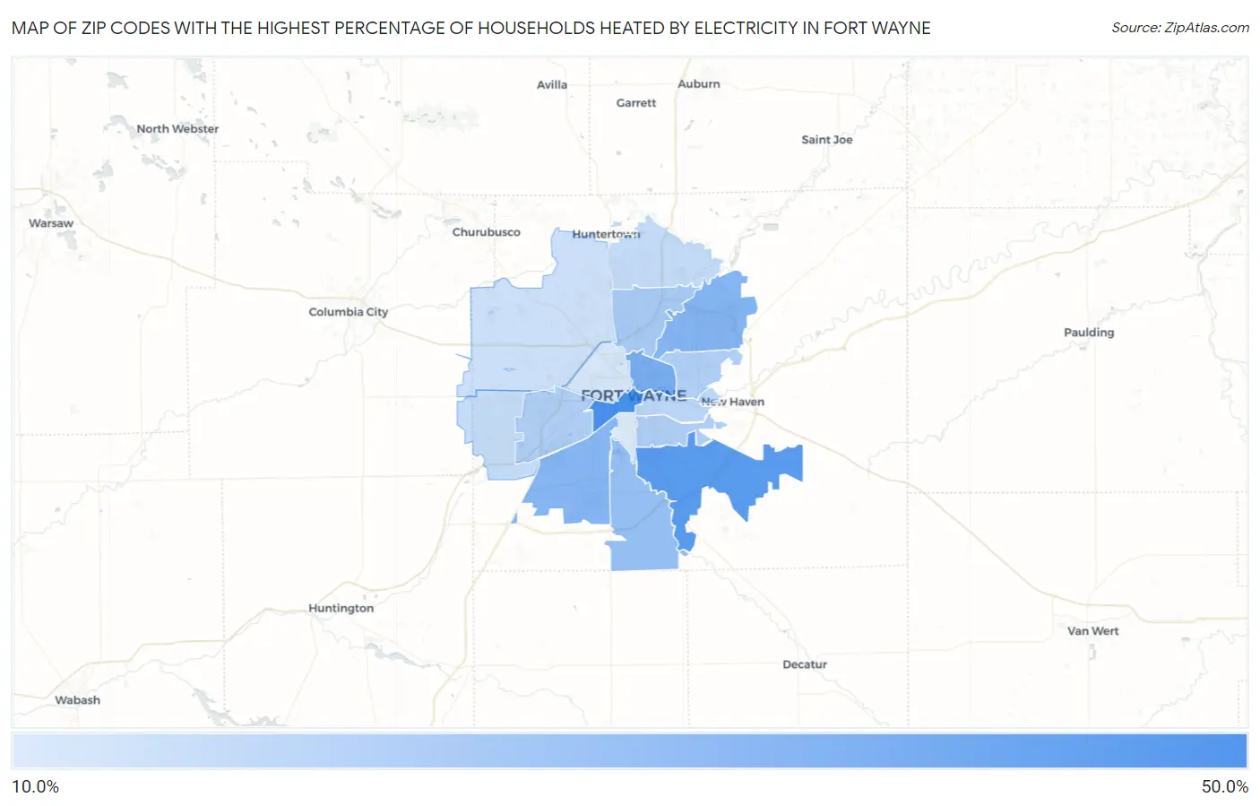 Zip Codes with the Highest Percentage of Households Heated by Electricity in Fort Wayne Map