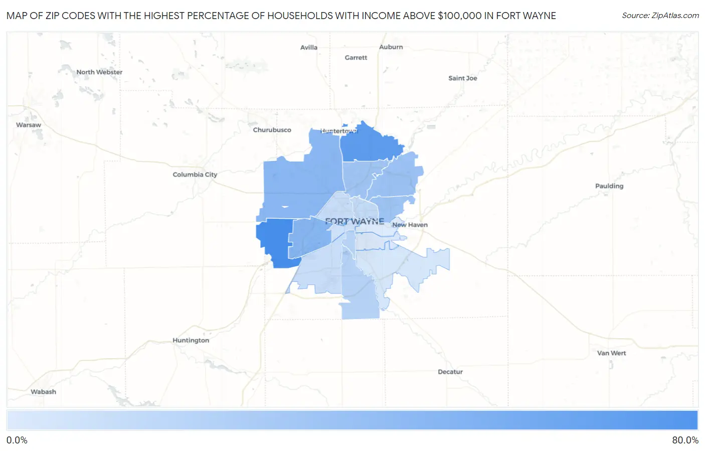 Zip Codes with the Highest Percentage of Households with Income Above $100,000 in Fort Wayne Map