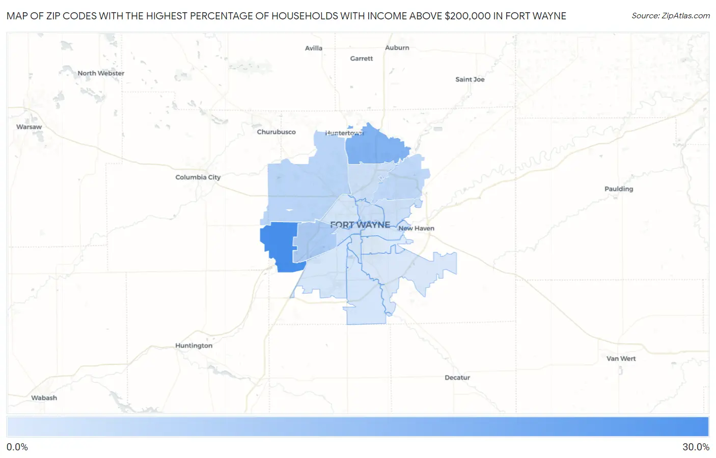 Zip Codes with the Highest Percentage of Households with Income Above $200,000 in Fort Wayne Map