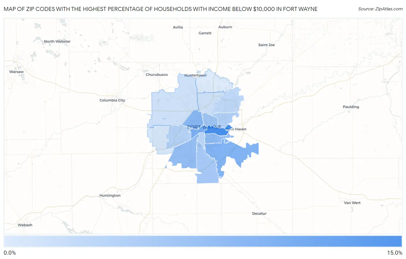 Zip Codes with the Highest Percentage of Households with Income Below $10,000 in Fort Wayne Map